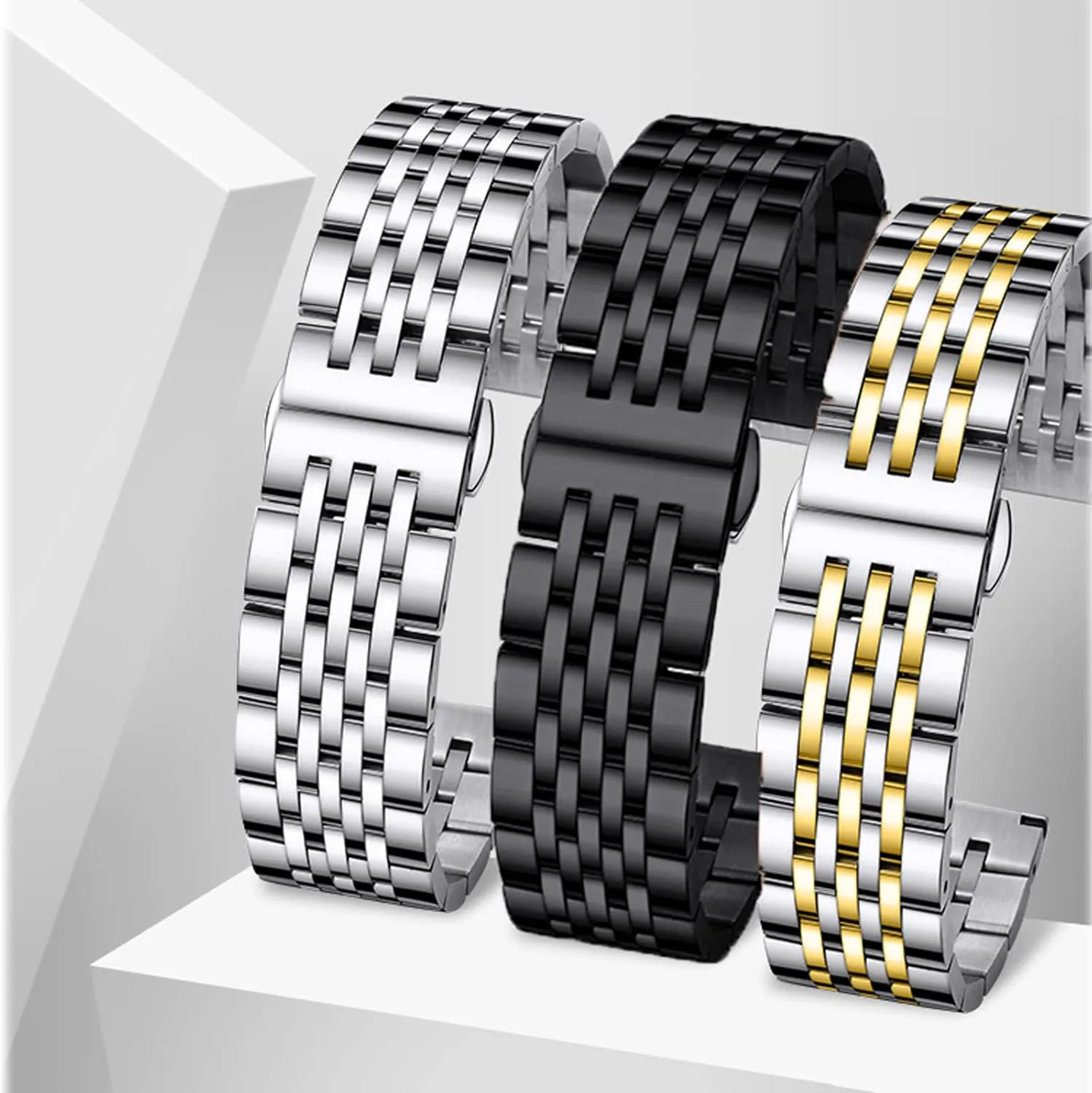 Stainless Steel Watch Band Straight & Curved End 14mm 16mm 18mm 19mm 20mm 21mm 22mm 23mm 24mm Premium Polished Metal Watch Band Bracelet Universal Smartwatch Replacement Strap Men Women