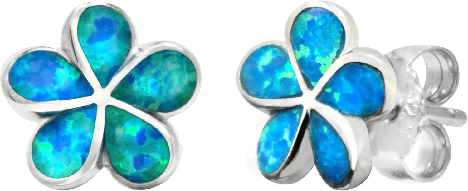 Sterling Silver Plumeria Flower Stud Earrings with Simulated Blue Opal