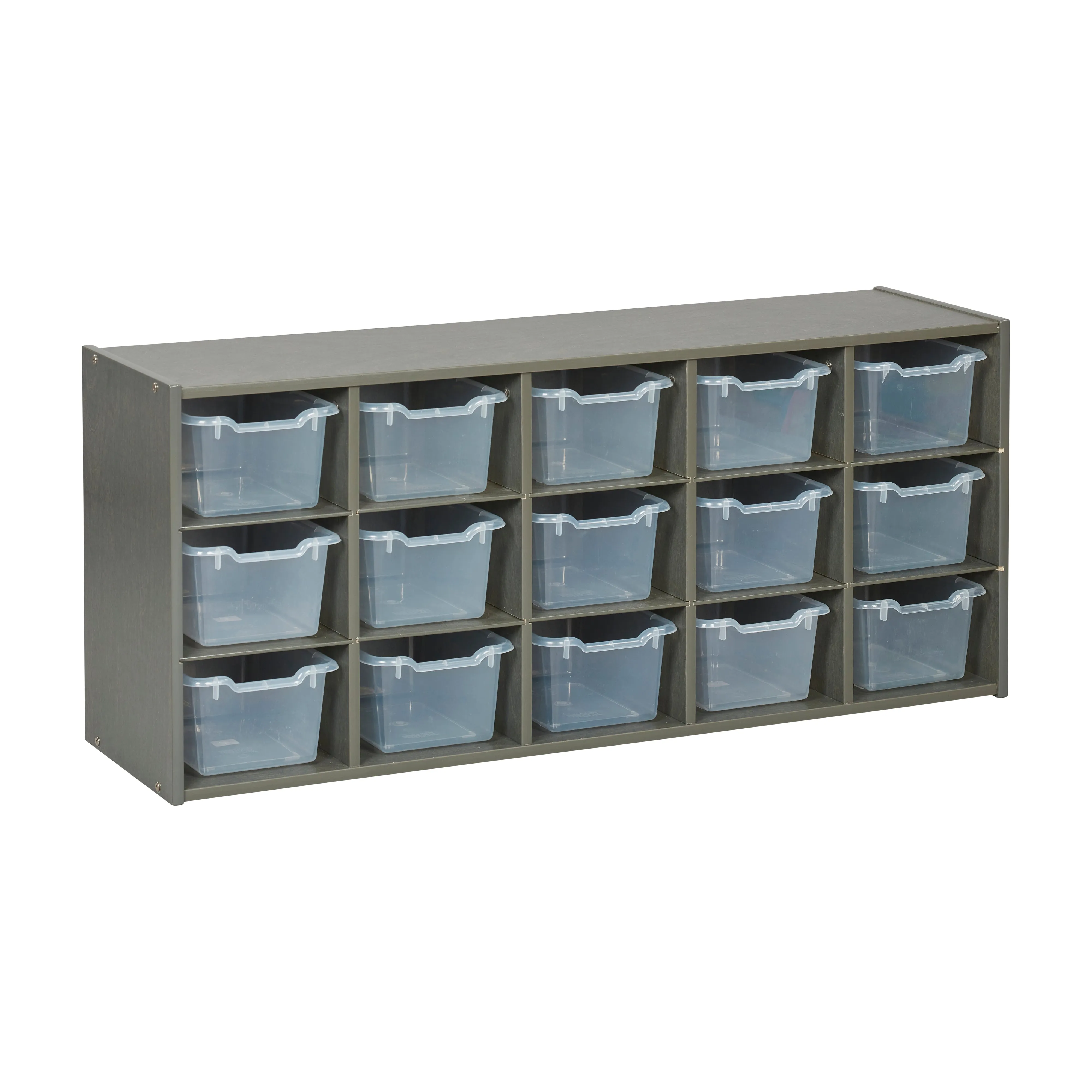 Streamline 15 Cubby Tray Cabinet with Scoop Front Storage Bins, 3x5, Grey Wash, Classroom Furniture