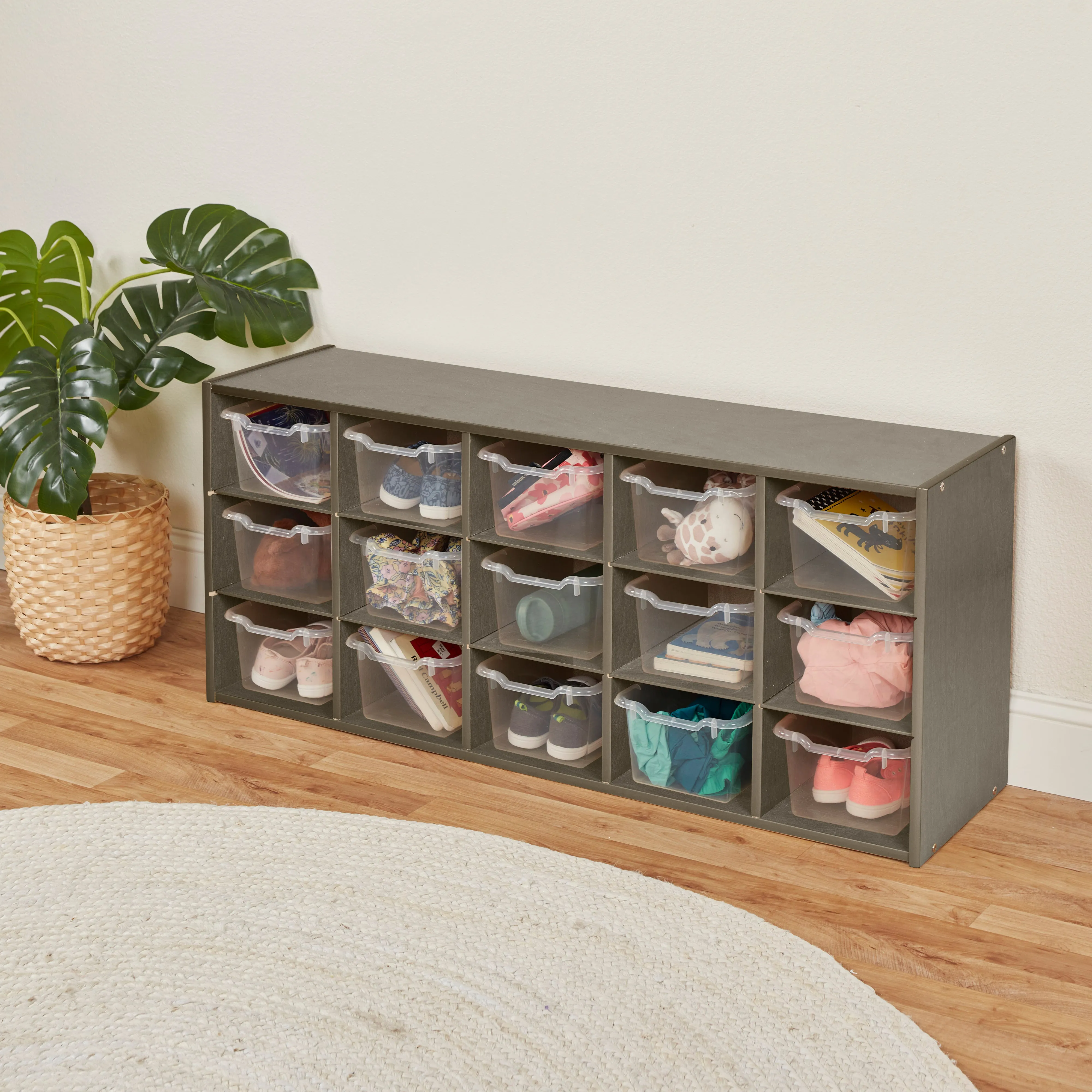 Streamline 15 Cubby Tray Cabinet with Scoop Front Storage Bins, 3x5, Grey Wash, Classroom Furniture