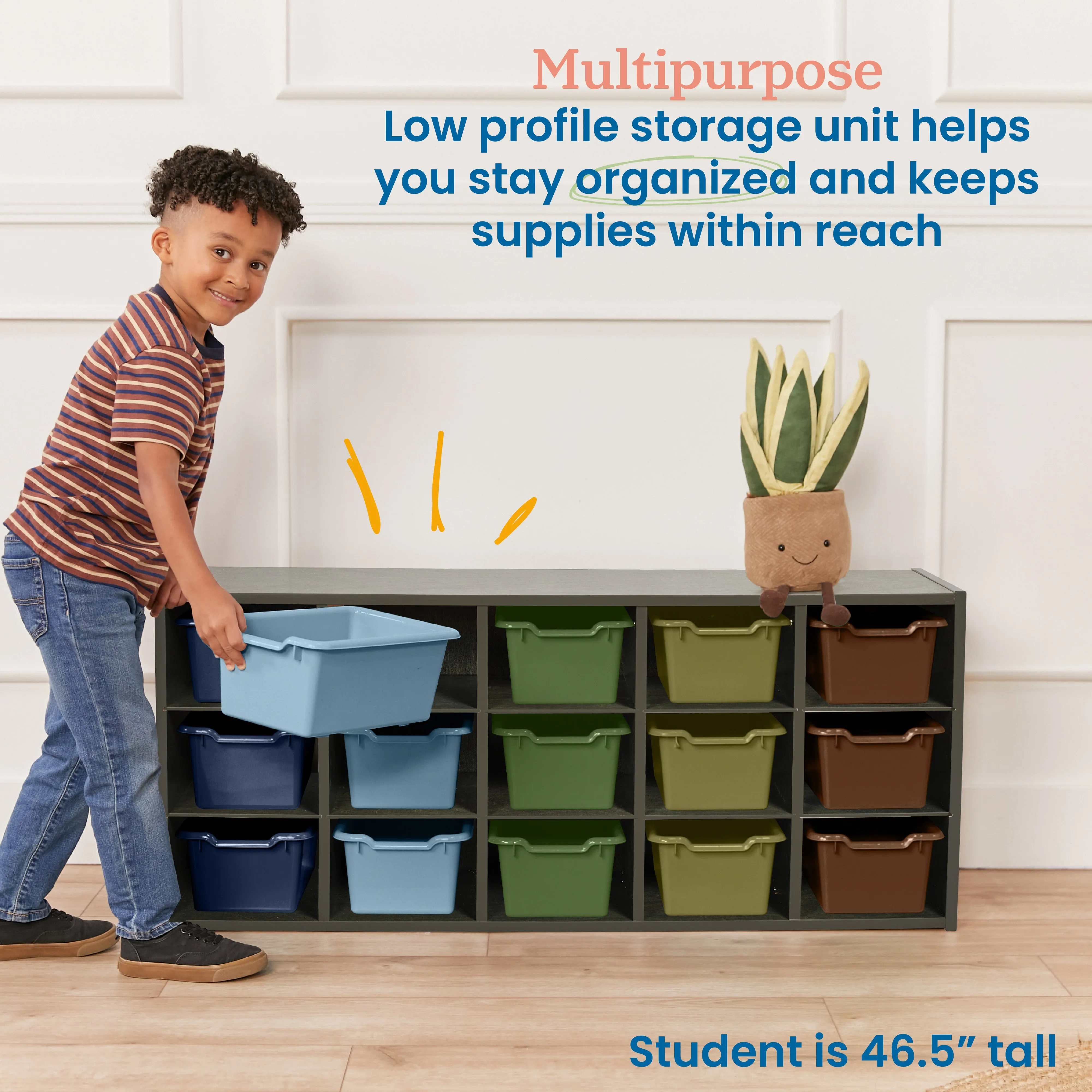 Streamline 15 Cubby Tray Cabinet with Scoop Front Storage Bins, 3x5, Grey Wash, Classroom Furniture
