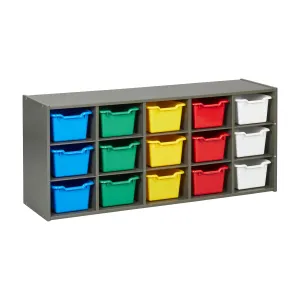 Streamline 15 Cubby Tray Cabinet with Scoop Front Storage Bins, 3x5, Grey Wash, Classroom Furniture