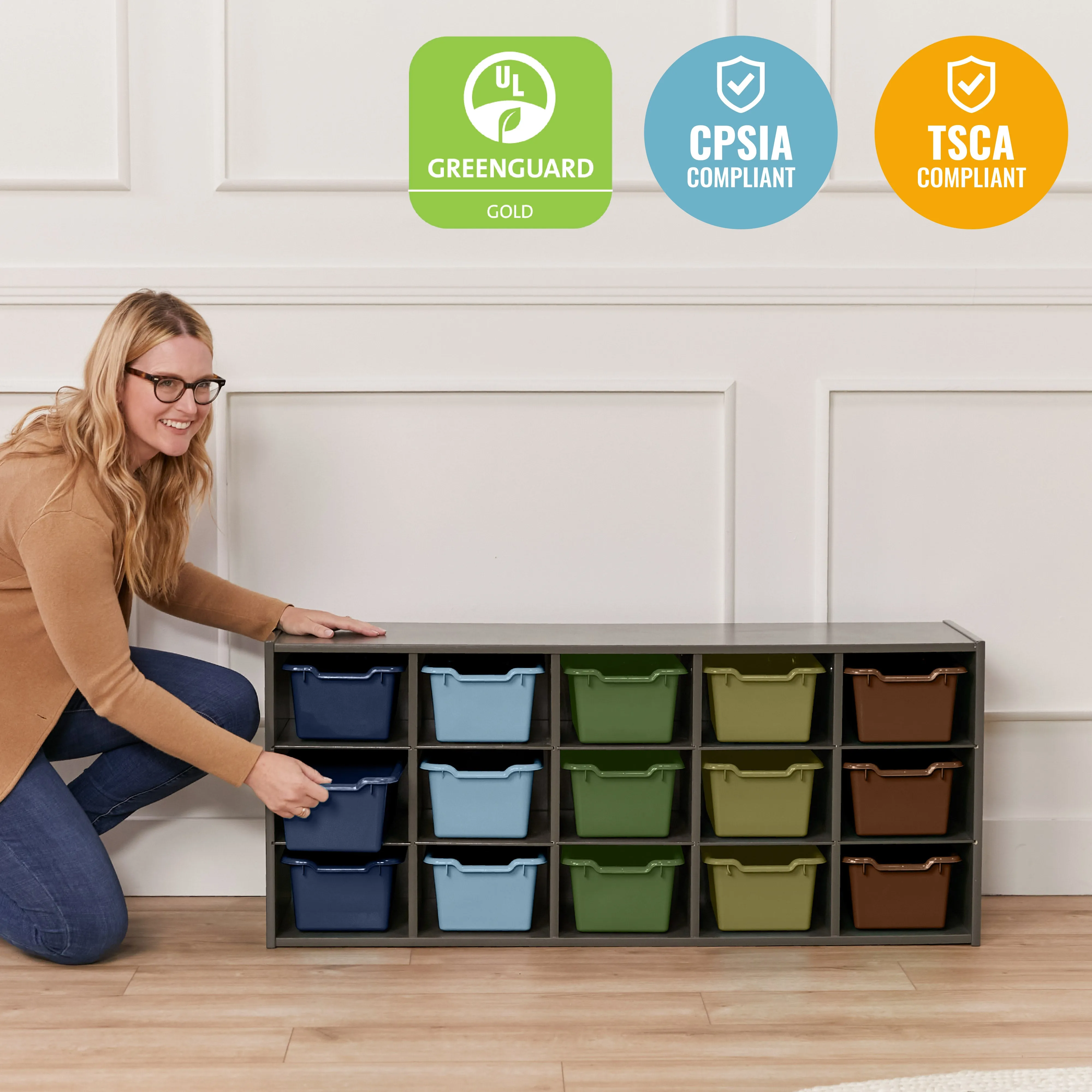 Streamline 15 Cubby Tray Cabinet with Scoop Front Storage Bins, 3x5, Grey Wash, Classroom Furniture