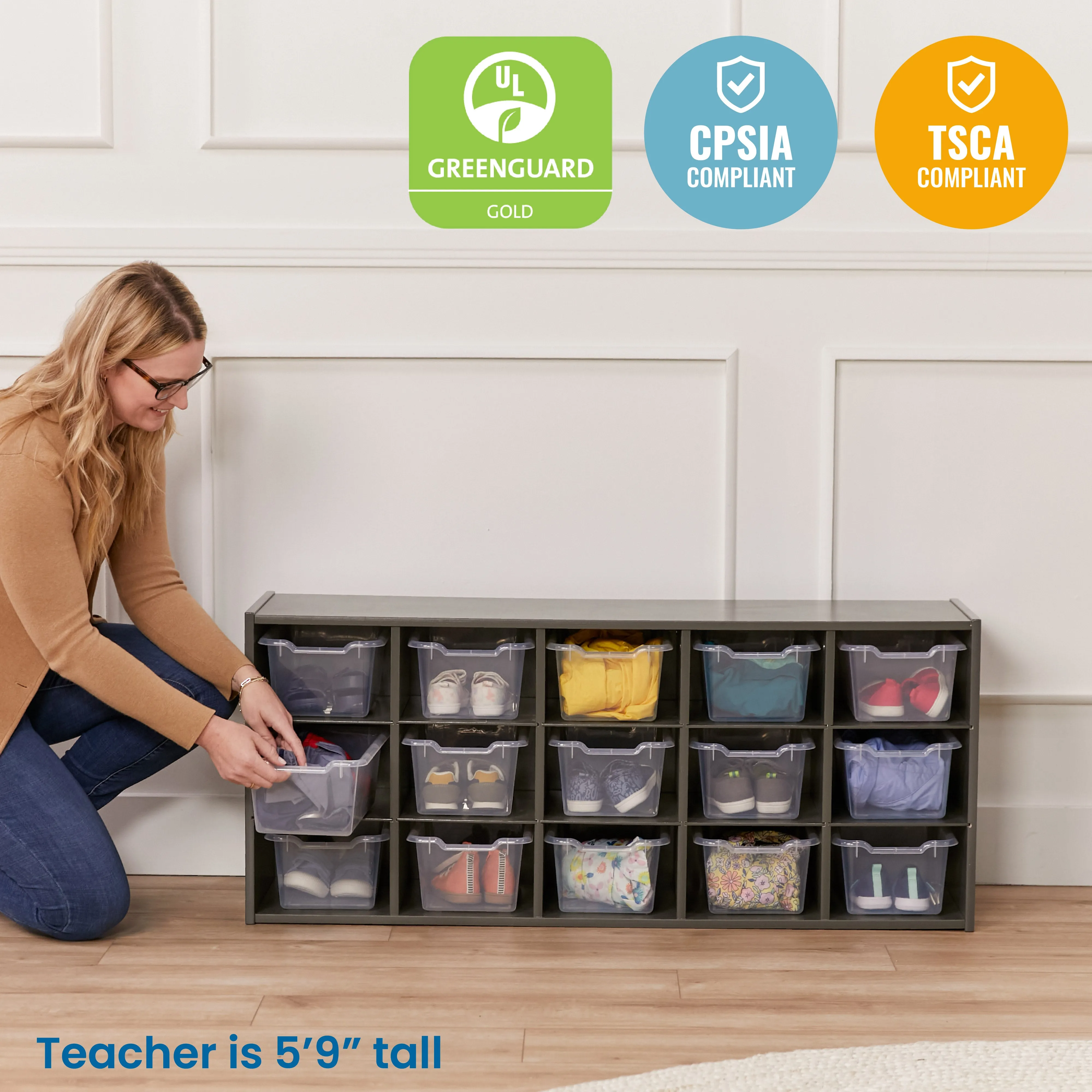 Streamline 15 Cubby Tray Cabinet with Scoop Front Storage Bins, 3x5, Grey Wash, Classroom Furniture