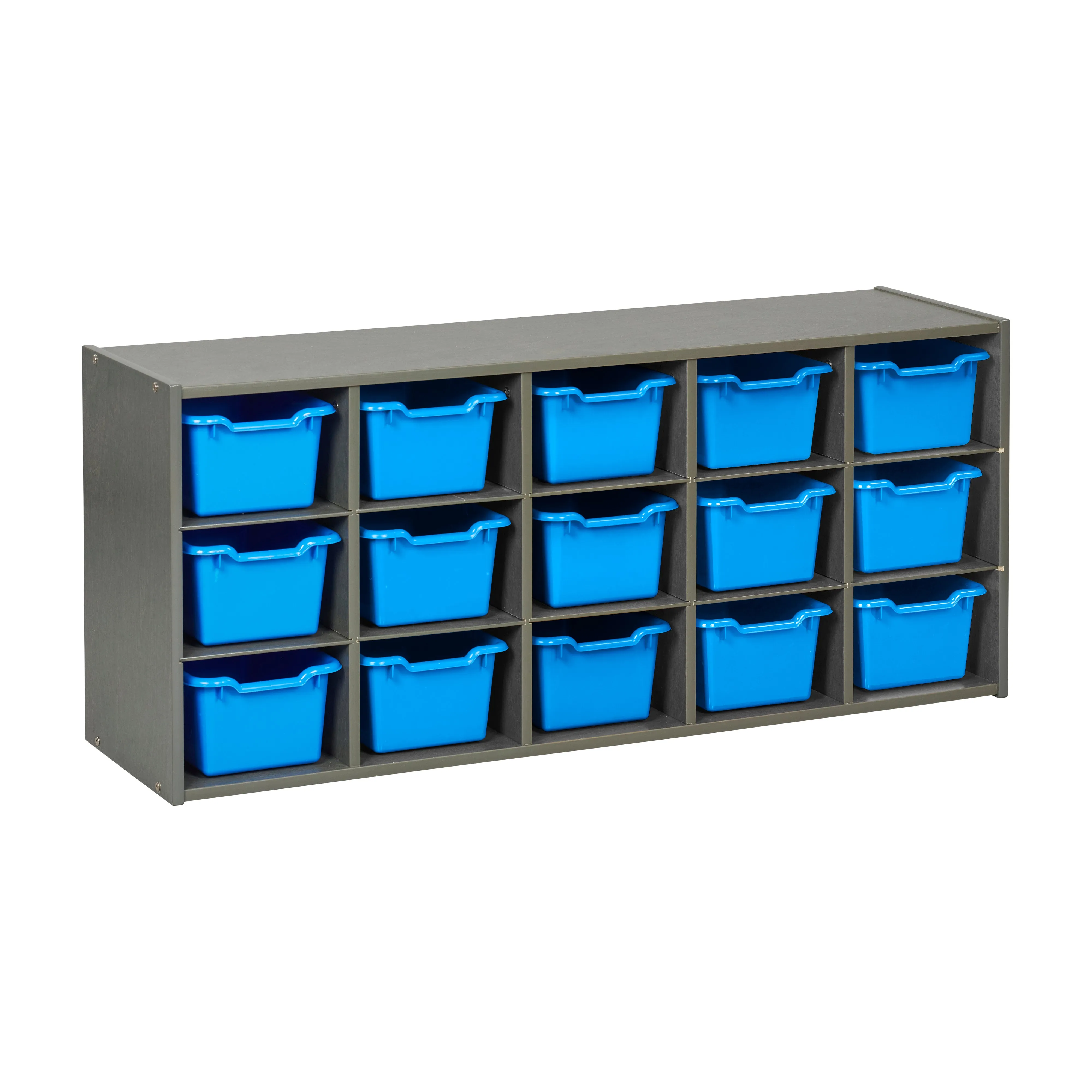 Streamline 15 Cubby Tray Cabinet with Scoop Front Storage Bins, 3x5, Grey Wash, Classroom Furniture