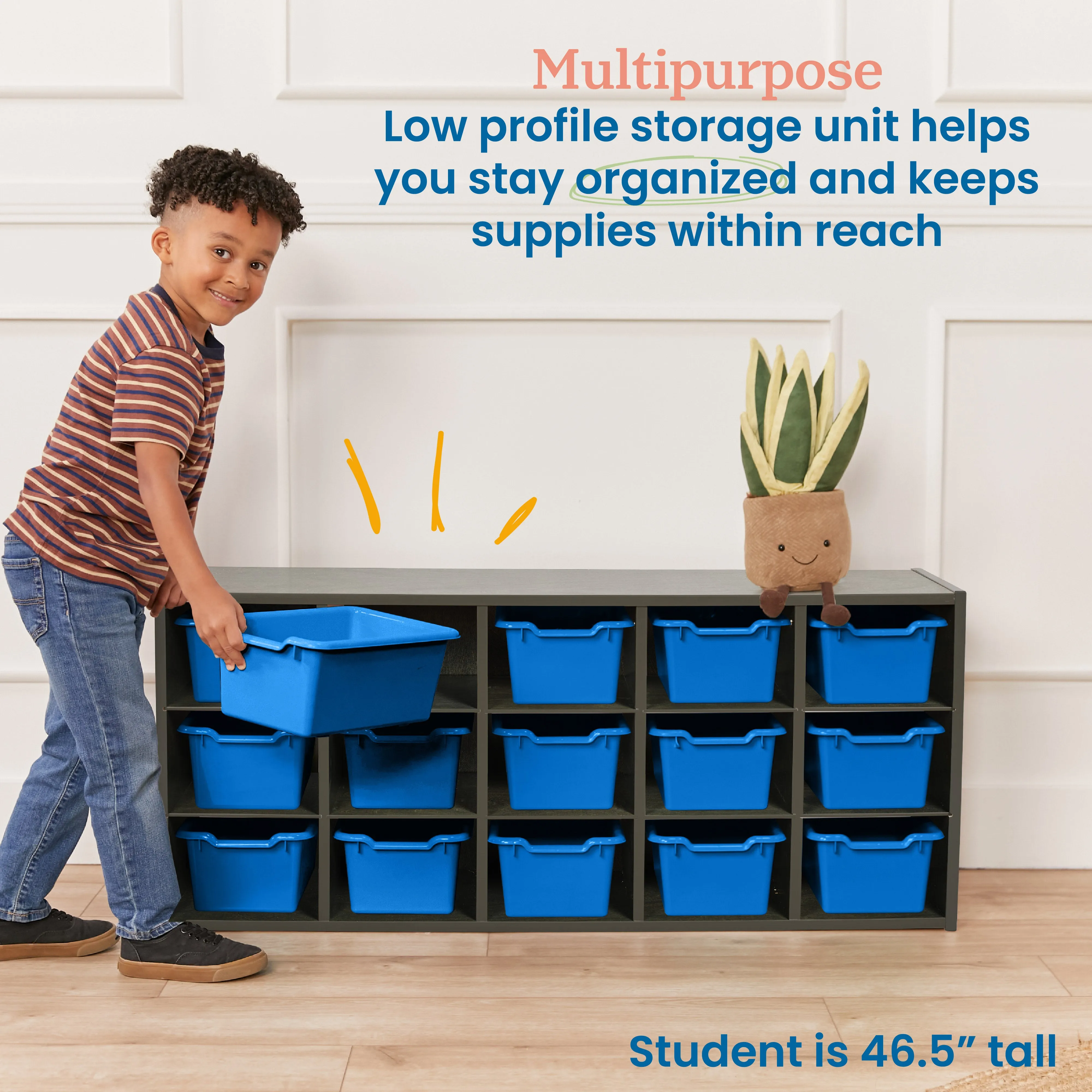Streamline 15 Cubby Tray Cabinet with Scoop Front Storage Bins, 3x5, Grey Wash, Classroom Furniture