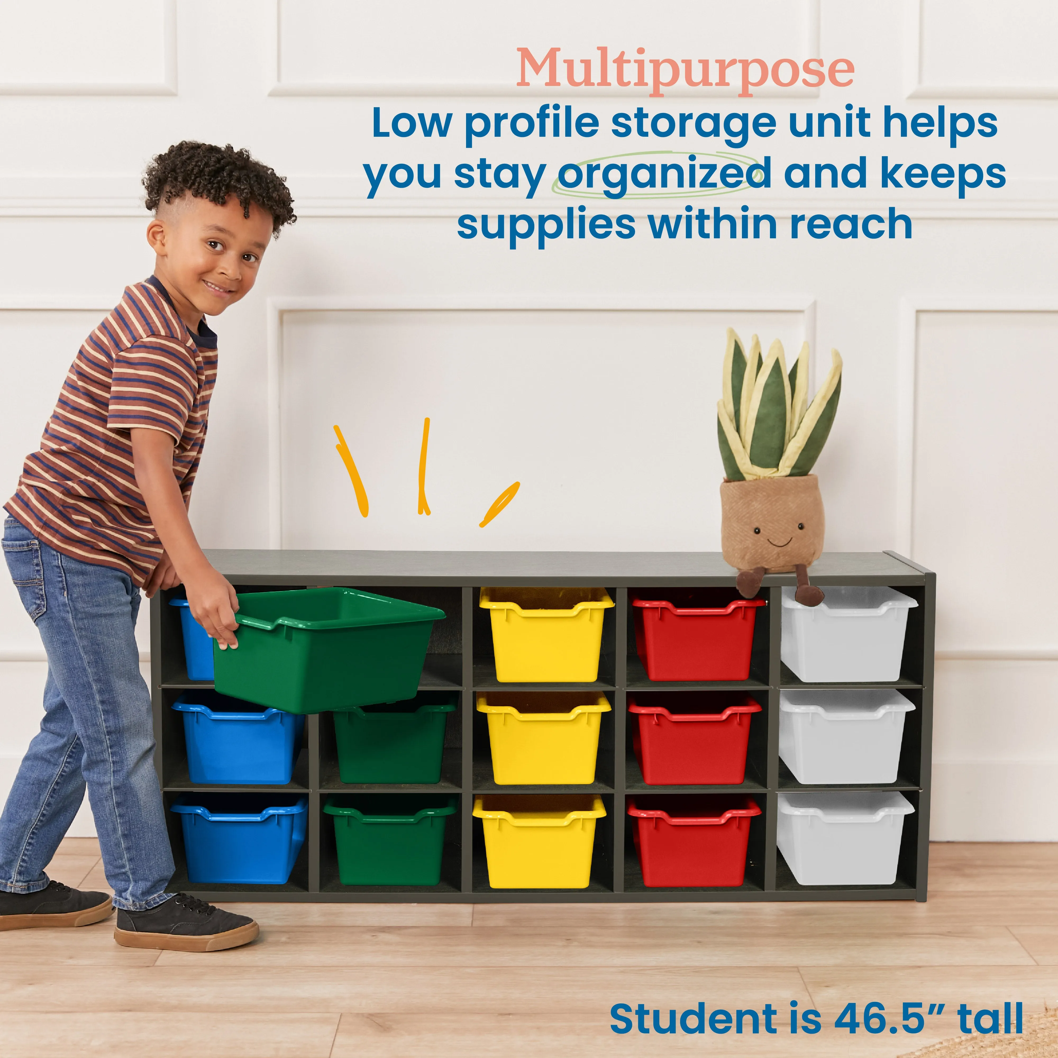 Streamline 15 Cubby Tray Cabinet with Scoop Front Storage Bins, 3x5, Grey Wash, Classroom Furniture