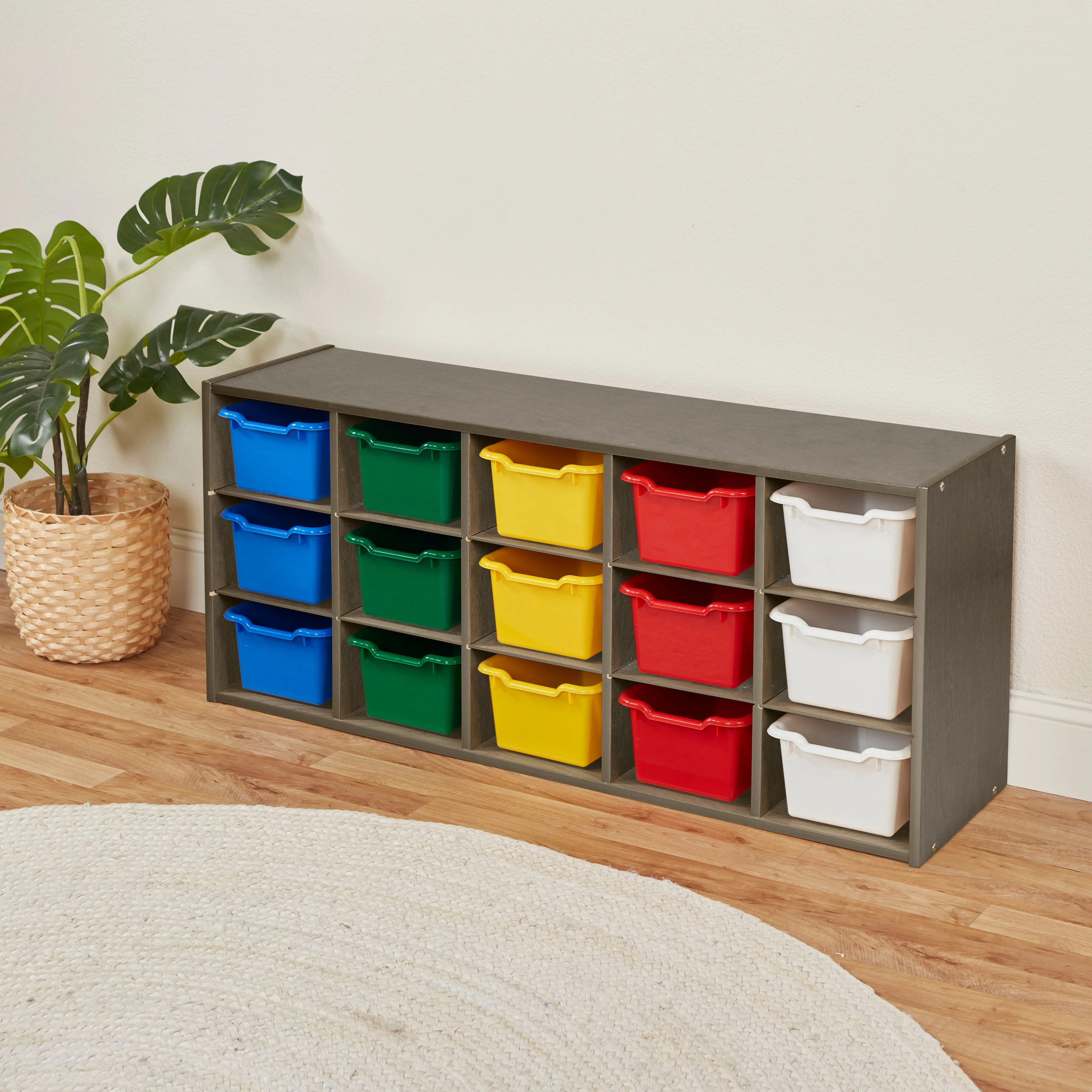 Streamline 15 Cubby Tray Cabinet with Scoop Front Storage Bins, 3x5, Grey Wash, Classroom Furniture