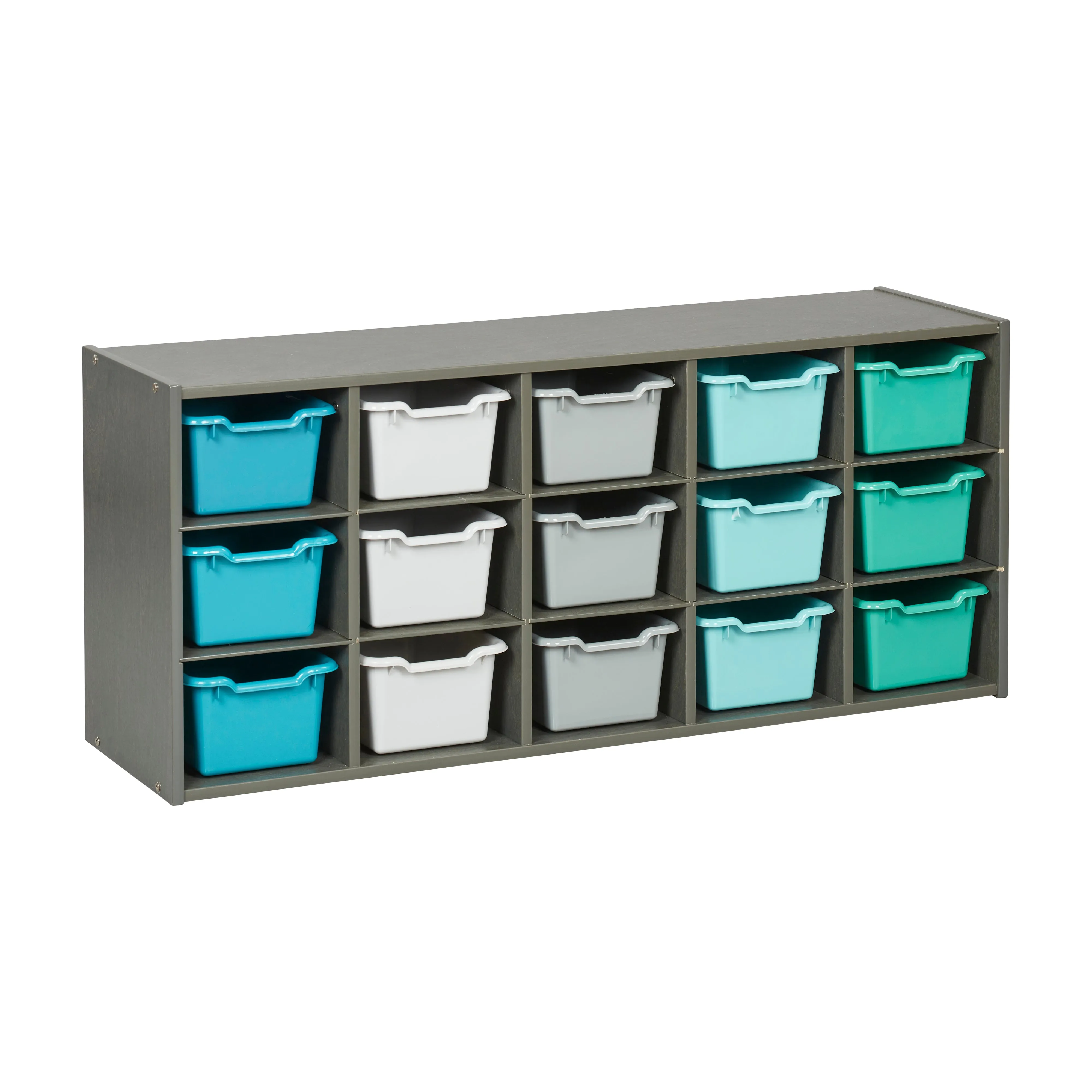 Streamline 15 Cubby Tray Cabinet with Scoop Front Storage Bins, 3x5, Grey Wash, Classroom Furniture