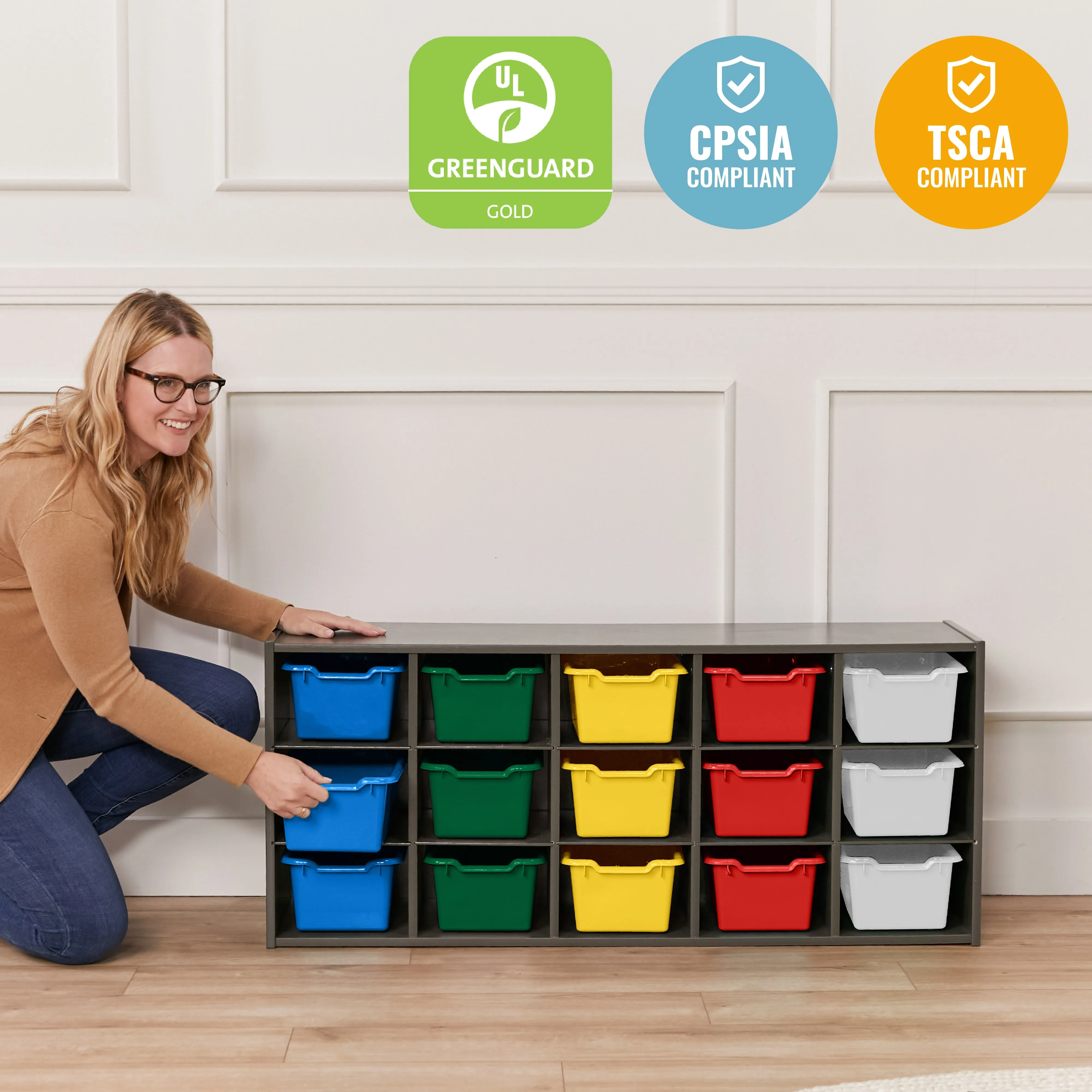 Streamline 15 Cubby Tray Cabinet with Scoop Front Storage Bins, 3x5, Grey Wash, Classroom Furniture