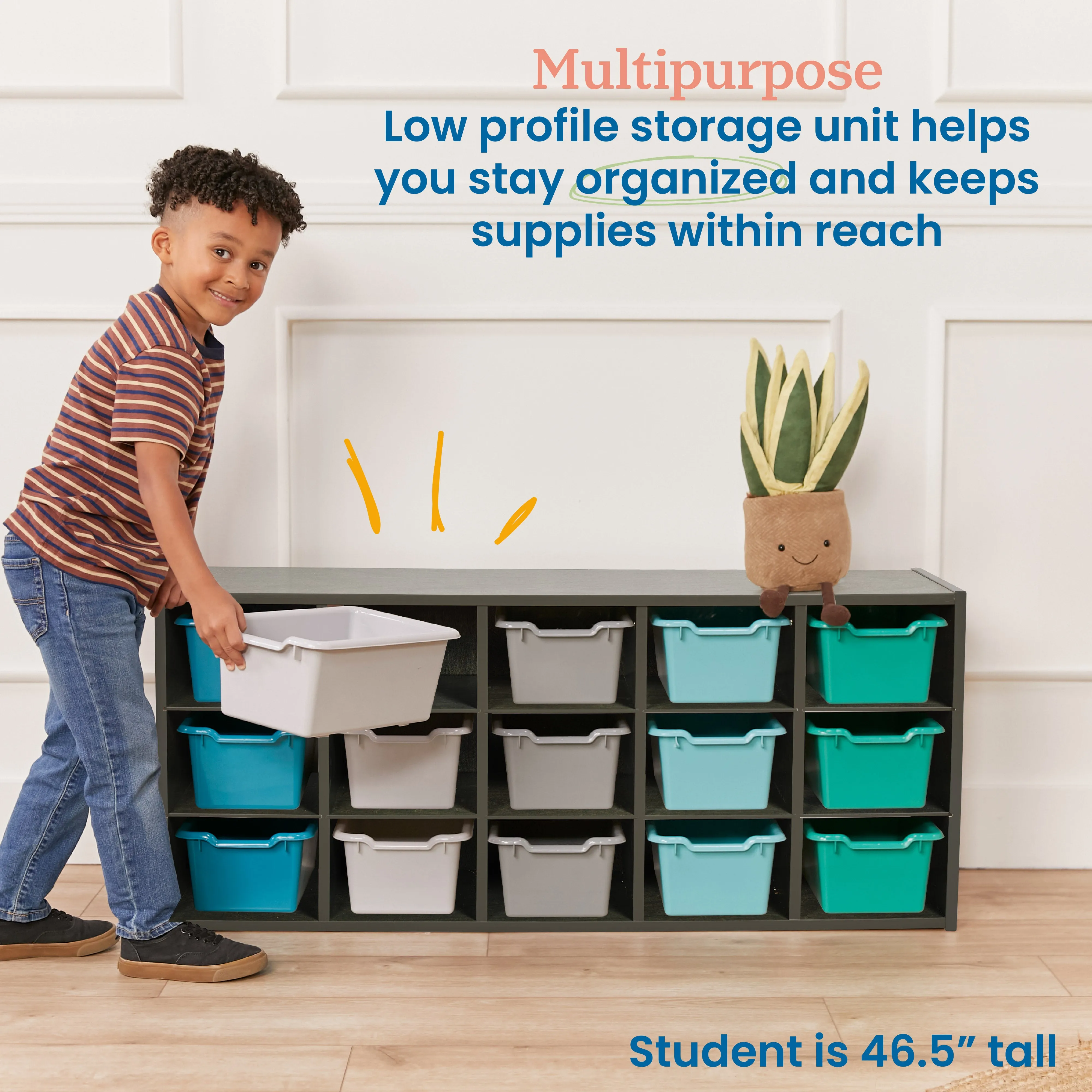 Streamline 15 Cubby Tray Cabinet with Scoop Front Storage Bins, 3x5, Grey Wash, Classroom Furniture