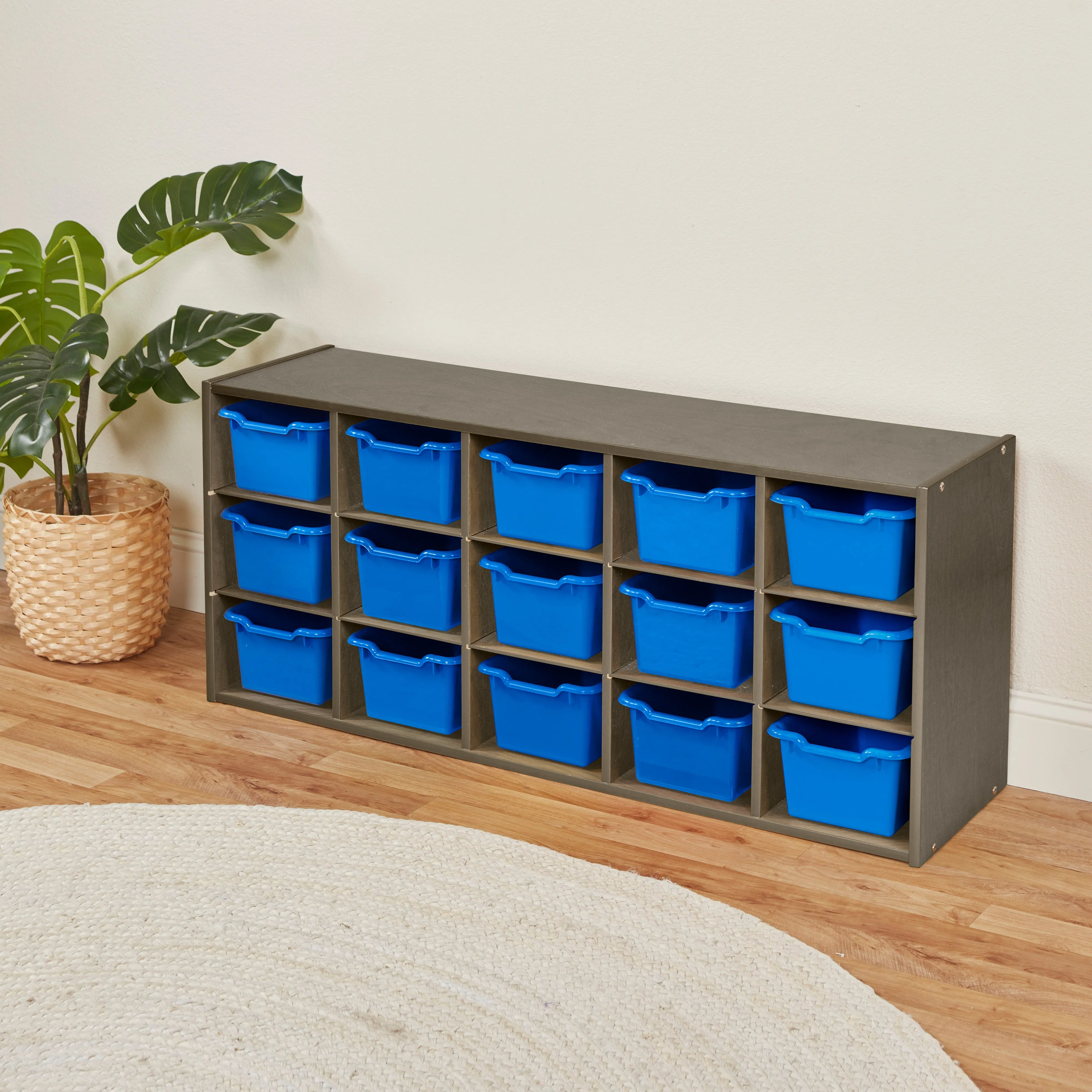 Streamline 15 Cubby Tray Cabinet with Scoop Front Storage Bins, 3x5, Grey Wash, Classroom Furniture
