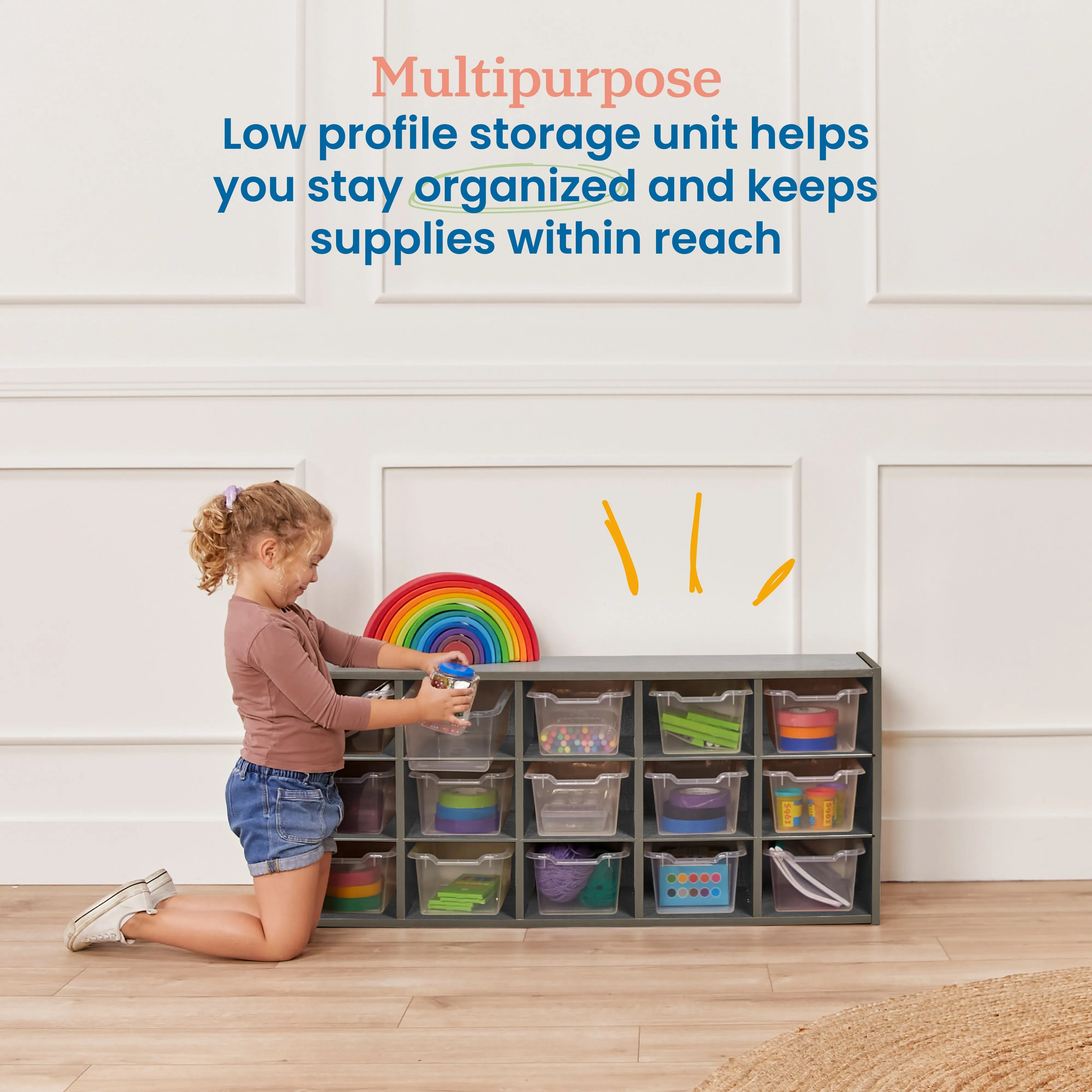 Streamline 15 Cubby Tray Cabinet with Scoop Front Storage Bins, 3x5, Grey Wash, Classroom Furniture