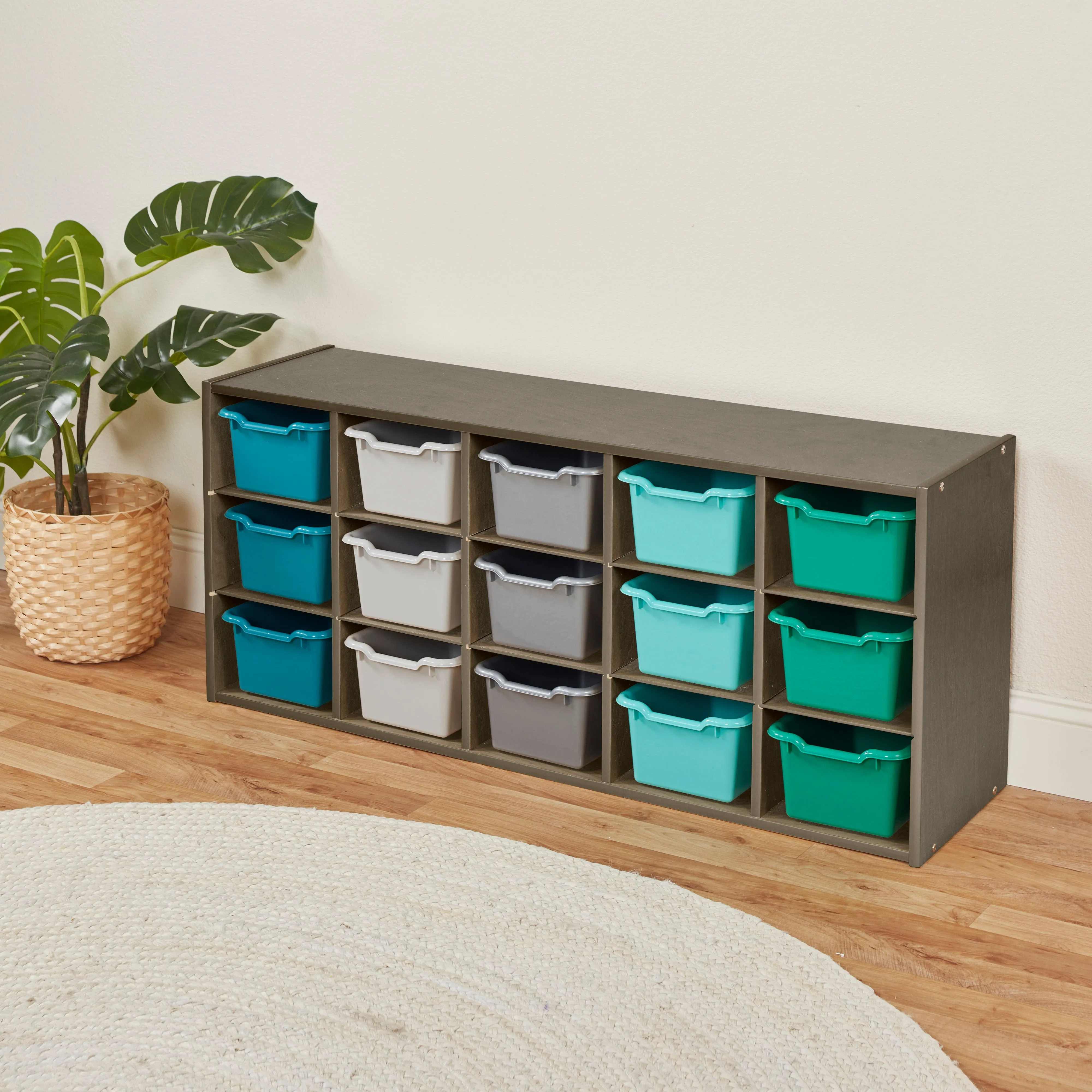 Streamline 15 Cubby Tray Cabinet with Scoop Front Storage Bins, 3x5, Grey Wash, Classroom Furniture