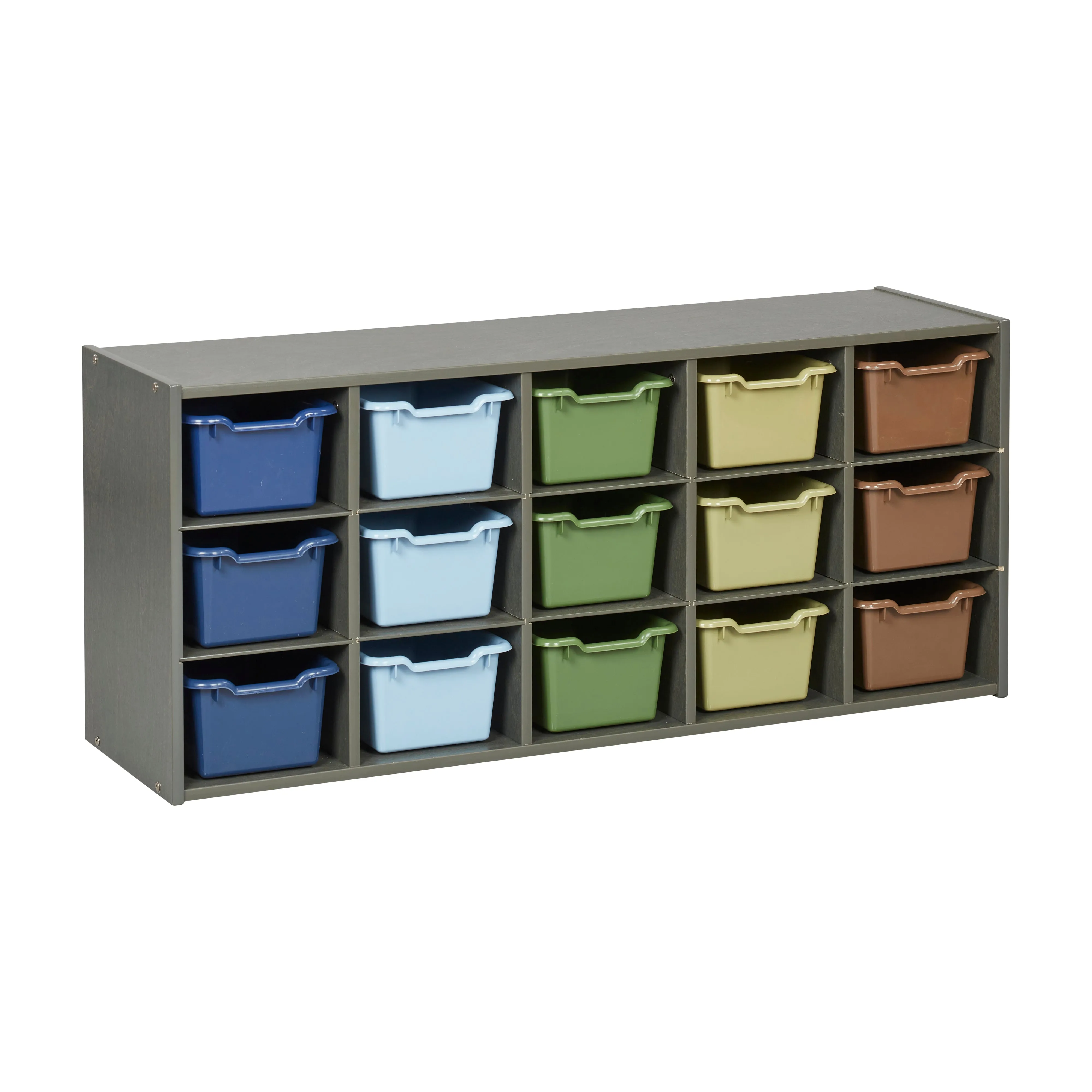 Streamline 15 Cubby Tray Cabinet with Scoop Front Storage Bins, 3x5, Grey Wash, Classroom Furniture