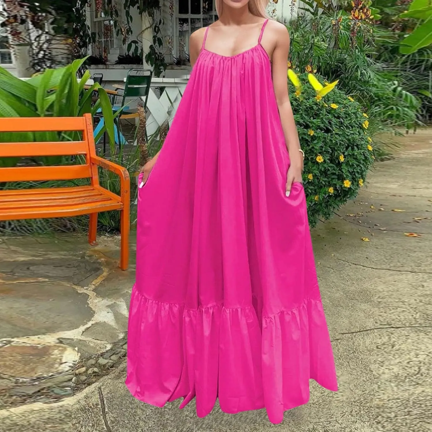 Summer Dresses for Women 2025 Casual Spring Spaghetti Straps Backless Sleeveless Boho Sundresses Beach Vacation Maxi Dress