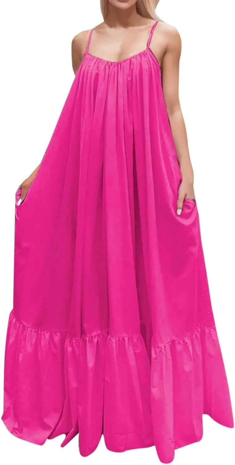 Summer Dresses for Women 2025 Casual Spring Spaghetti Straps Backless Sleeveless Boho Sundresses Beach Vacation Maxi Dress