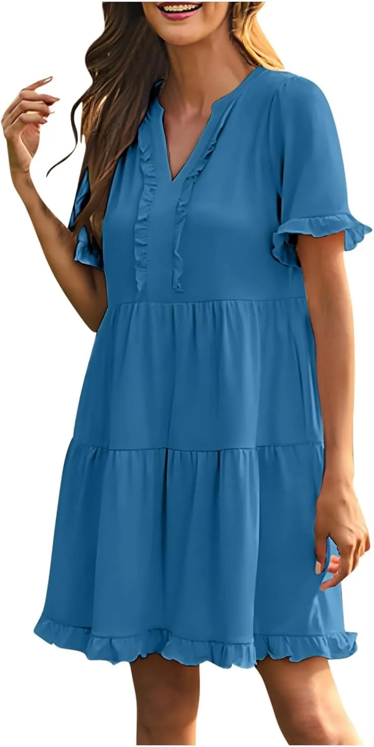 Summer Dresses for Women Casual Short Sleeve V Neck Cute Ruffle Dress Classiac Solid Midi Summer Vacation Sundress