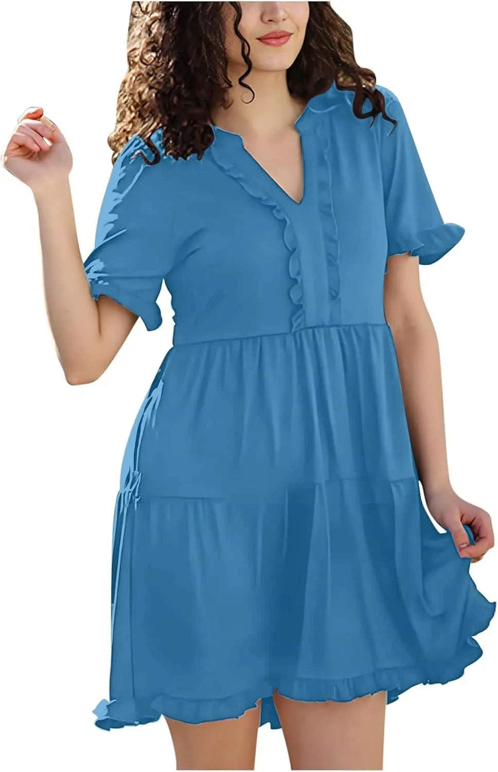 Summer Dresses for Women Casual Short Sleeve V Neck Cute Ruffle Dress Classiac Solid Midi Summer Vacation Sundress