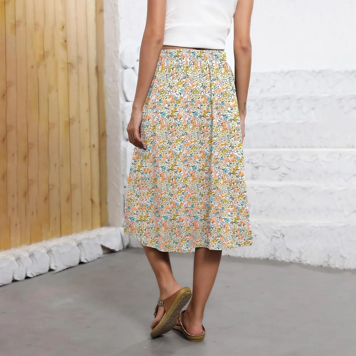 Summer Skirts for Women 2025 Midi Length Elastic High Waist Boho Floral Pleated A Line Skirts with Pockets Beach Coverups