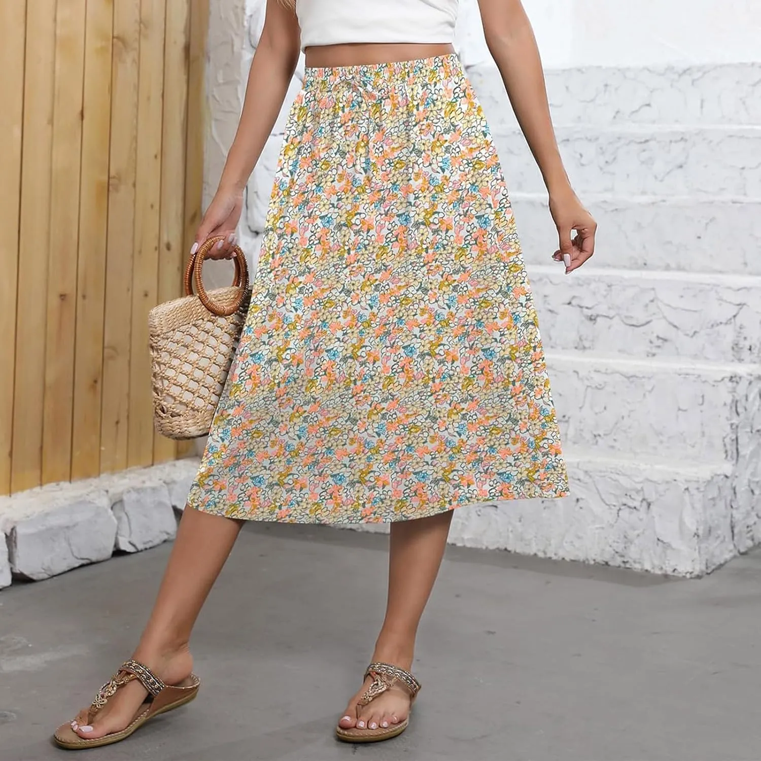 Summer Skirts for Women 2025 Midi Length Elastic High Waist Boho Floral Pleated A Line Skirts with Pockets Beach Coverups
