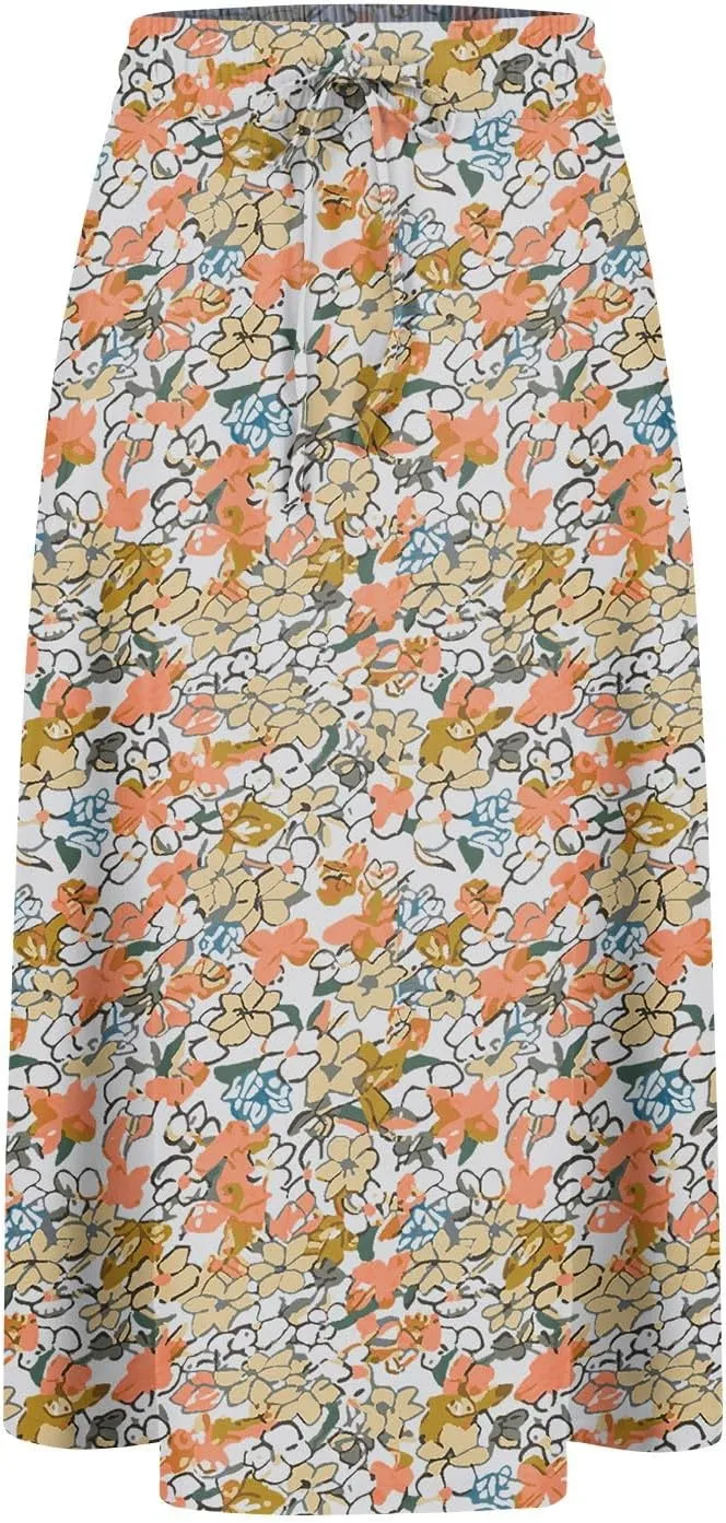 Summer Skirts for Women 2025 Midi Length Elastic High Waist Boho Floral Pleated A Line Skirts with Pockets Beach Coverups