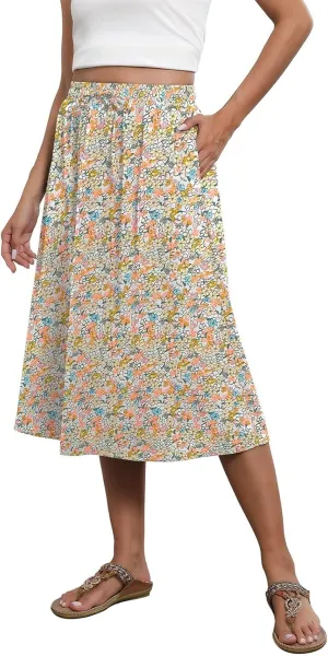Summer Skirts for Women 2025 Midi Length Elastic High Waist Boho Floral Pleated A Line Skirts with Pockets Beach Coverups