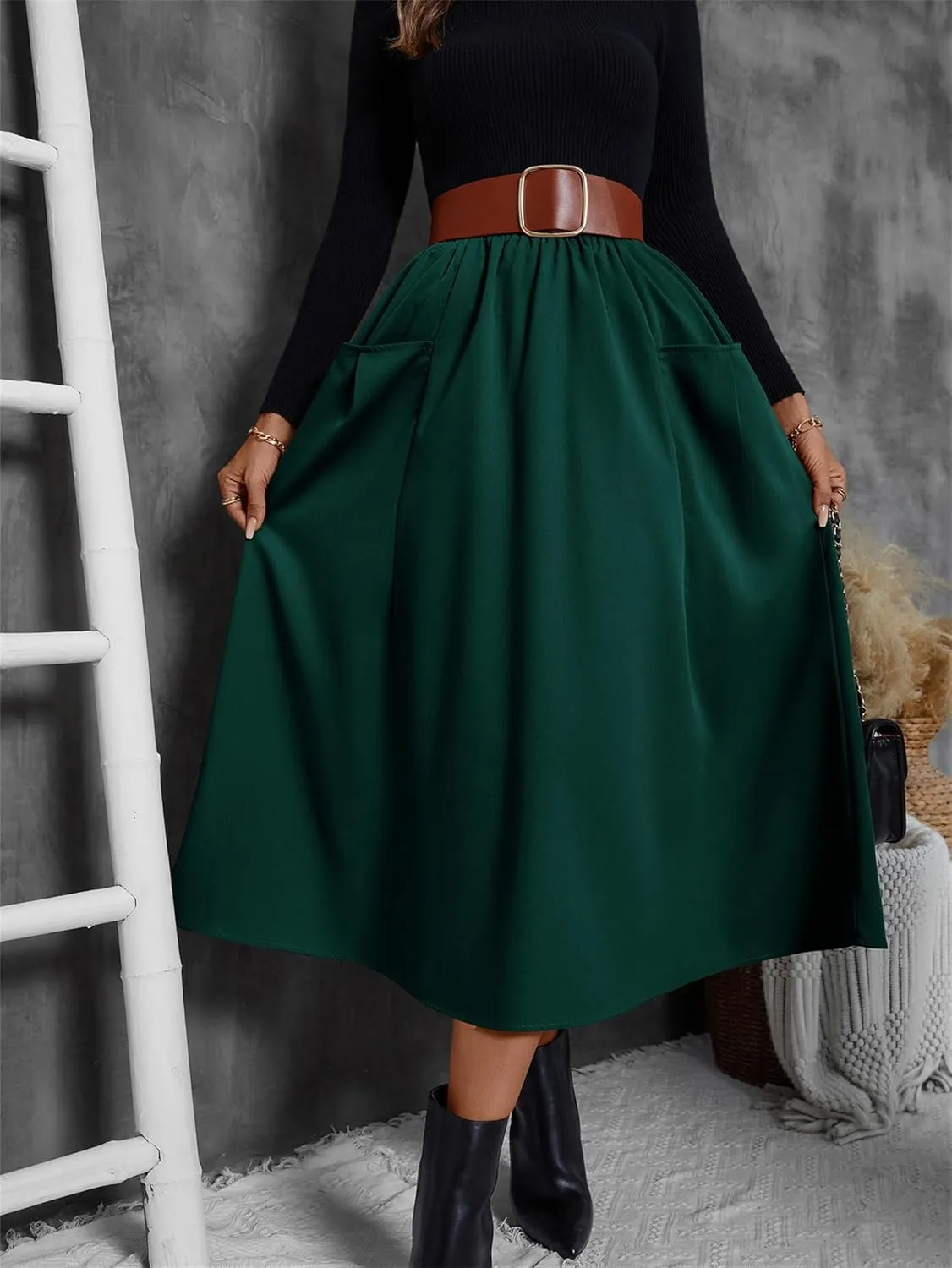 Summer Skirts for Women, Casual Skirts for Women, High Waist Pleated Skirt Midi A-Line Midi Skirt with Pockets
