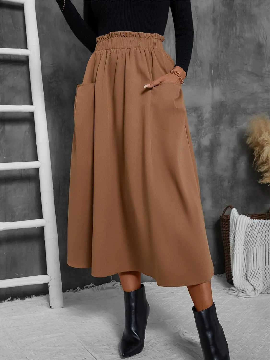 Summer Skirts for Women, Casual Skirts for Women, High Waist Pleated Skirt Midi A-Line Midi Skirt with Pockets