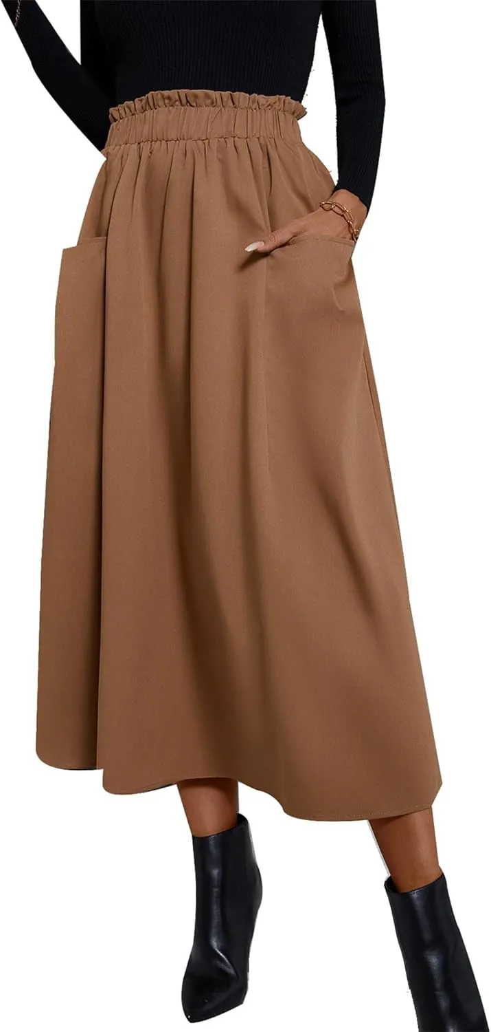 Summer Skirts for Women, Casual Skirts for Women, High Waist Pleated Skirt Midi A-Line Midi Skirt with Pockets