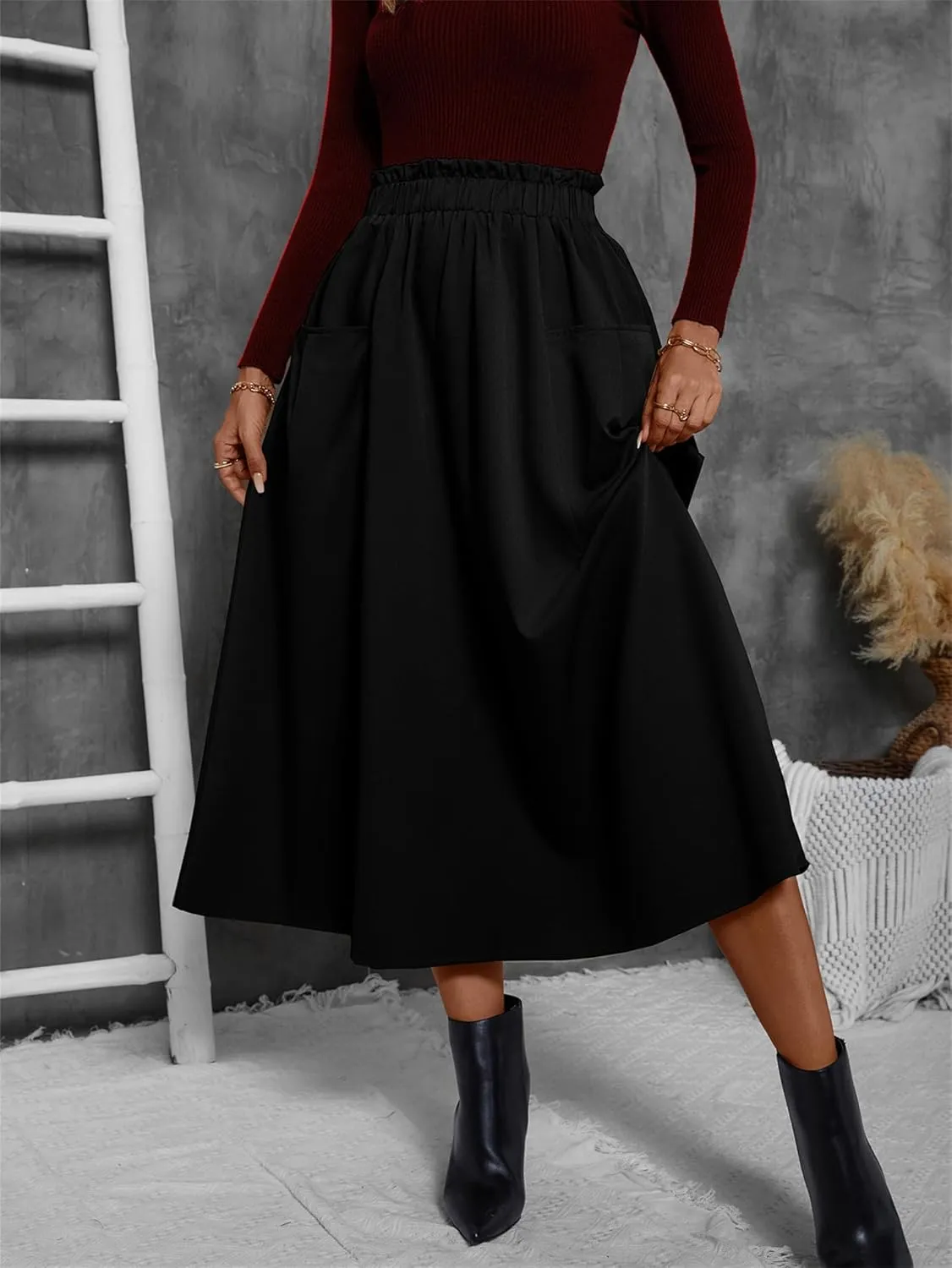 Summer Skirts for Women, Casual Skirts for Women, High Waist Pleated Skirt Midi A-Line Midi Skirt with Pockets