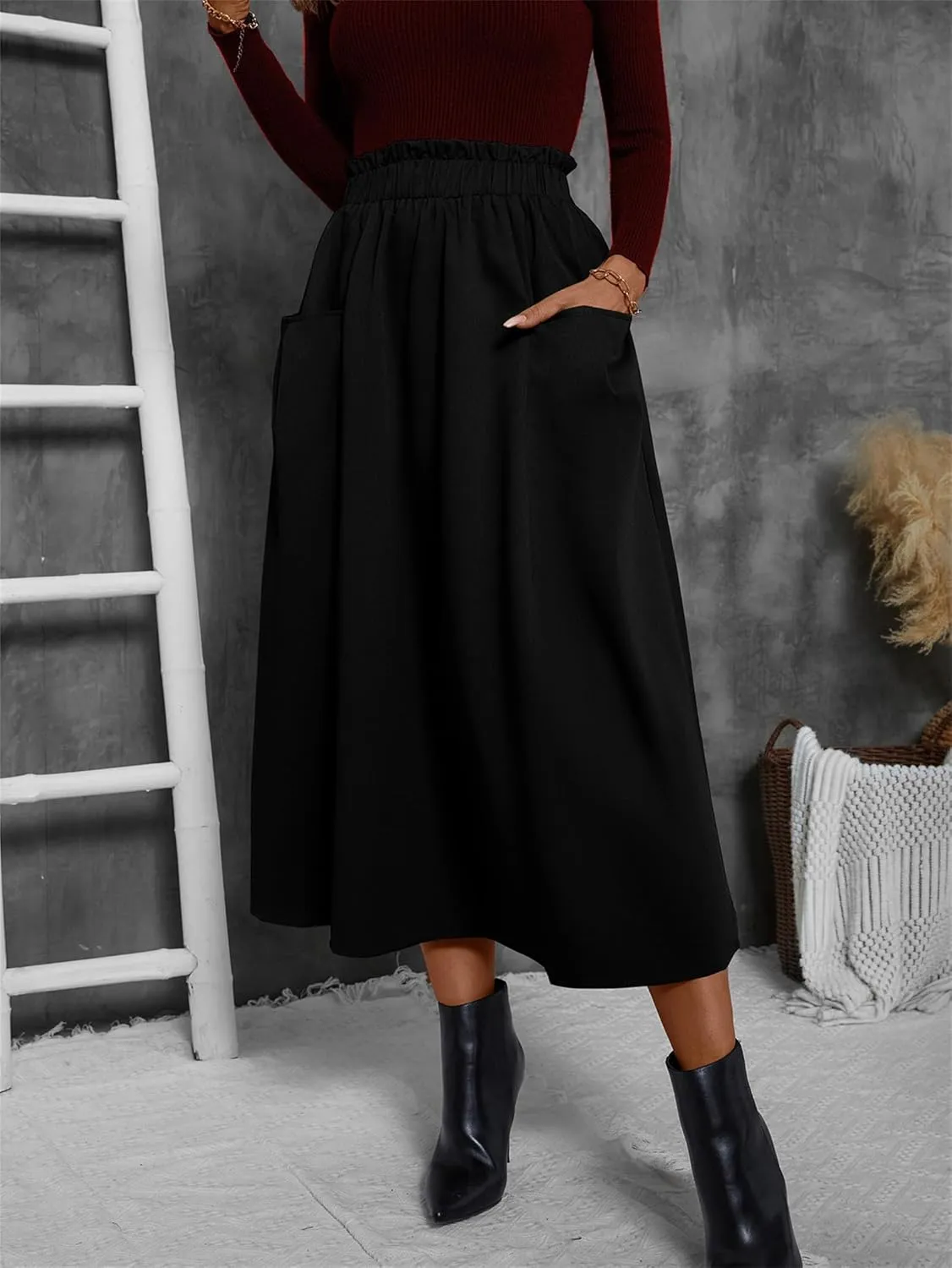 Summer Skirts for Women, Casual Skirts for Women, High Waist Pleated Skirt Midi A-Line Midi Skirt with Pockets