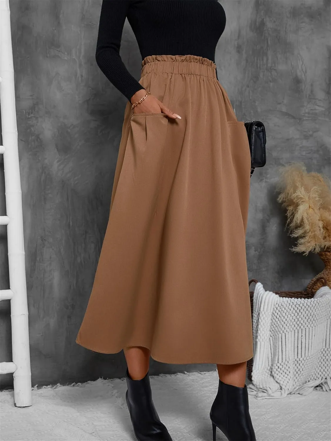 Summer Skirts for Women, Casual Skirts for Women, High Waist Pleated Skirt Midi A-Line Midi Skirt with Pockets