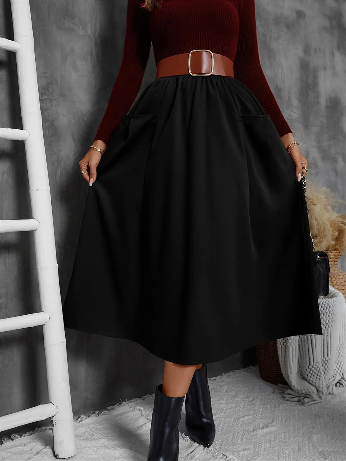 Summer Skirts for Women, Casual Skirts for Women, High Waist Pleated Skirt Midi A-Line Midi Skirt with Pockets
