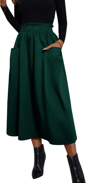 Summer Skirts for Women, Casual Skirts for Women, High Waist Pleated Skirt Midi A-Line Midi Skirt with Pockets