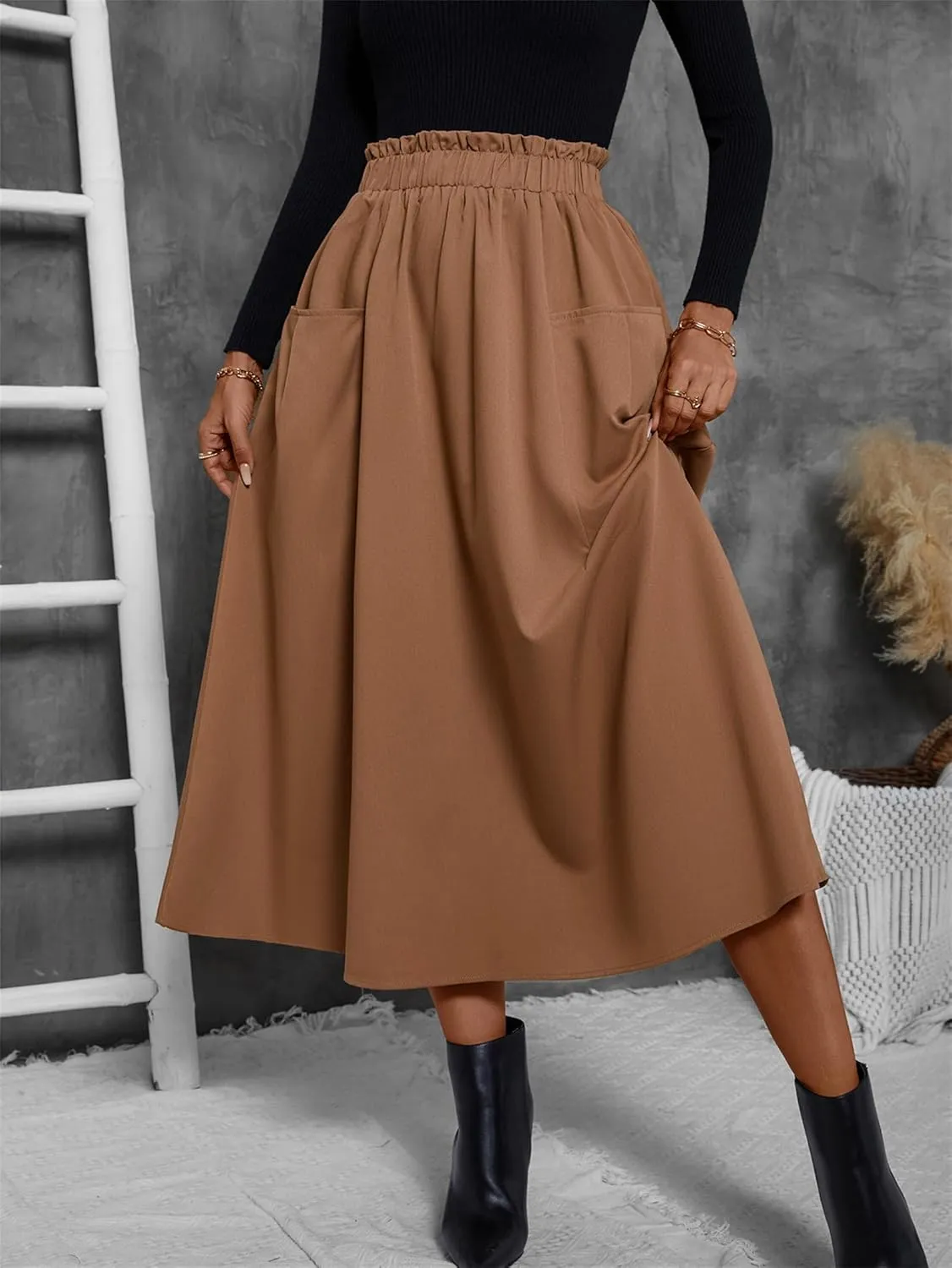 Summer Skirts for Women, Casual Skirts for Women, High Waist Pleated Skirt Midi A-Line Midi Skirt with Pockets
