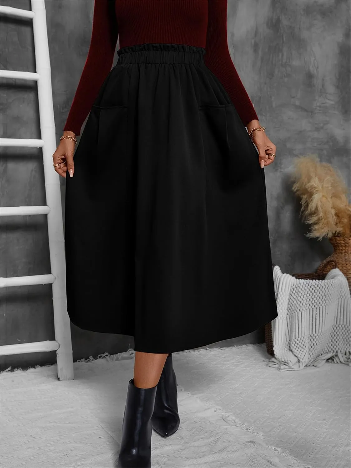 Summer Skirts for Women, Casual Skirts for Women, High Waist Pleated Skirt Midi A-Line Midi Skirt with Pockets