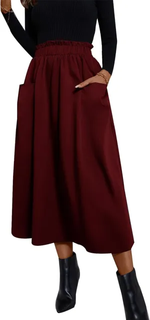 Summer Skirts for Women, Casual Skirts for Women, High Waist Pleated Skirt Midi A-Line Midi Skirt with Pockets