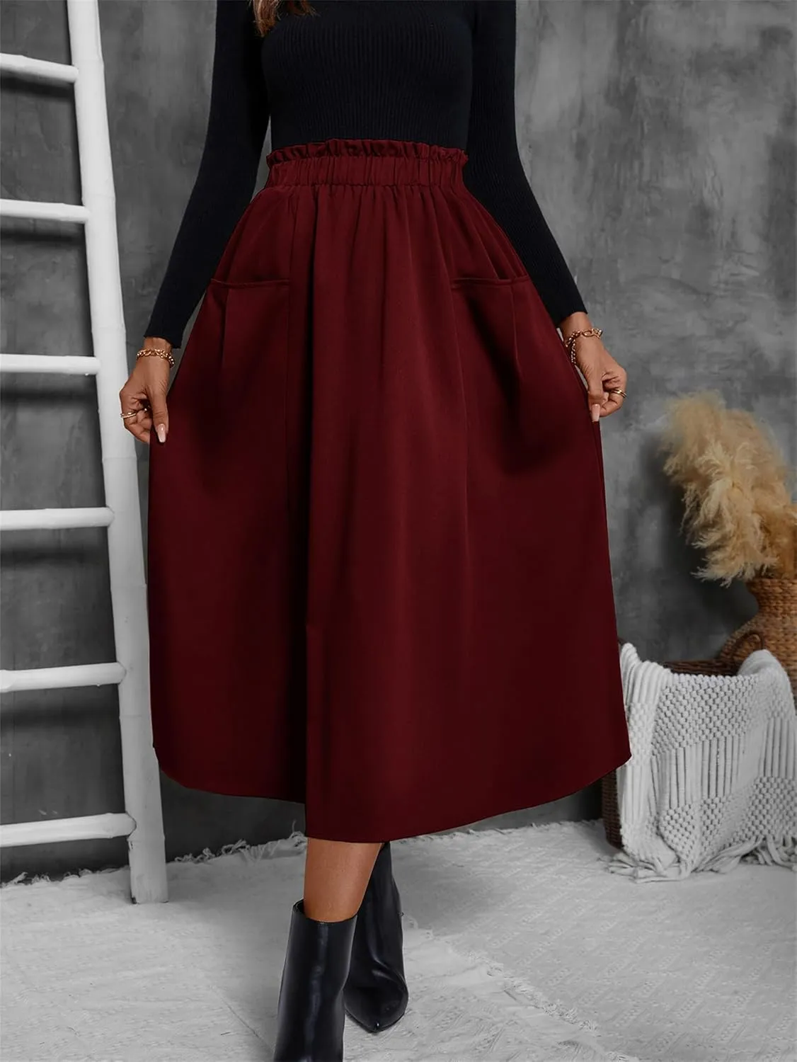 Summer Skirts for Women, Casual Skirts for Women, High Waist Pleated Skirt Midi A-Line Midi Skirt with Pockets