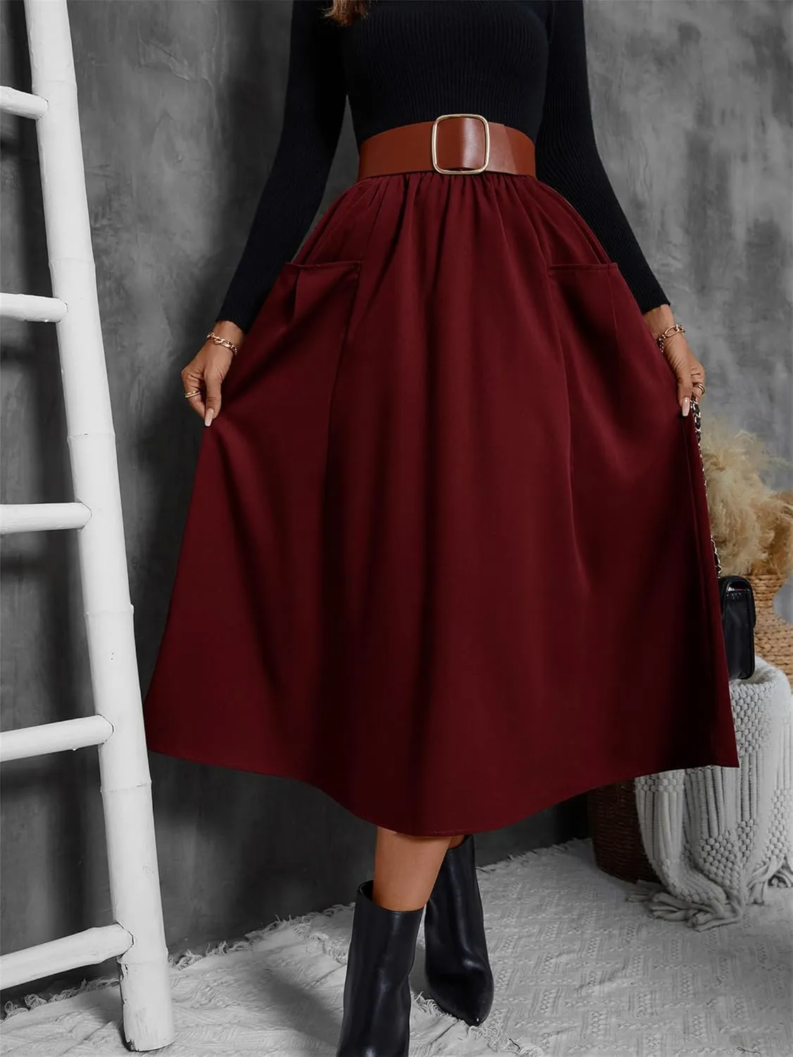 Summer Skirts for Women, Casual Skirts for Women, High Waist Pleated Skirt Midi A-Line Midi Skirt with Pockets