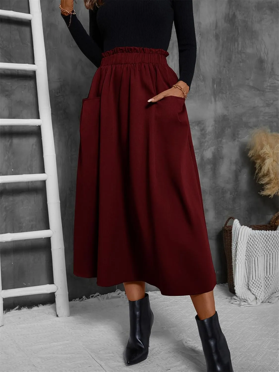 Summer Skirts for Women, Casual Skirts for Women, High Waist Pleated Skirt Midi A-Line Midi Skirt with Pockets