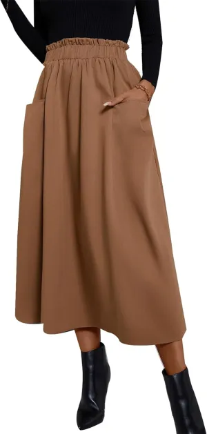 Summer Skirts for Women, Casual Skirts for Women, High Waist Pleated Skirt Midi A-Line Midi Skirt with Pockets