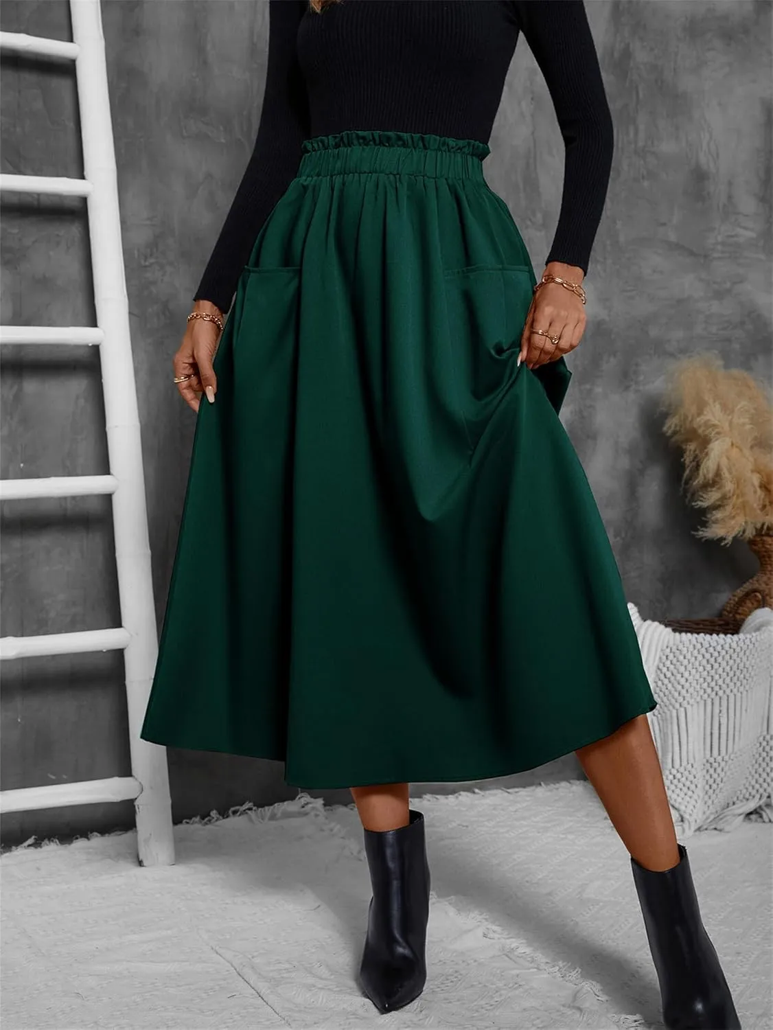 Summer Skirts for Women, Casual Skirts for Women, High Waist Pleated Skirt Midi A-Line Midi Skirt with Pockets