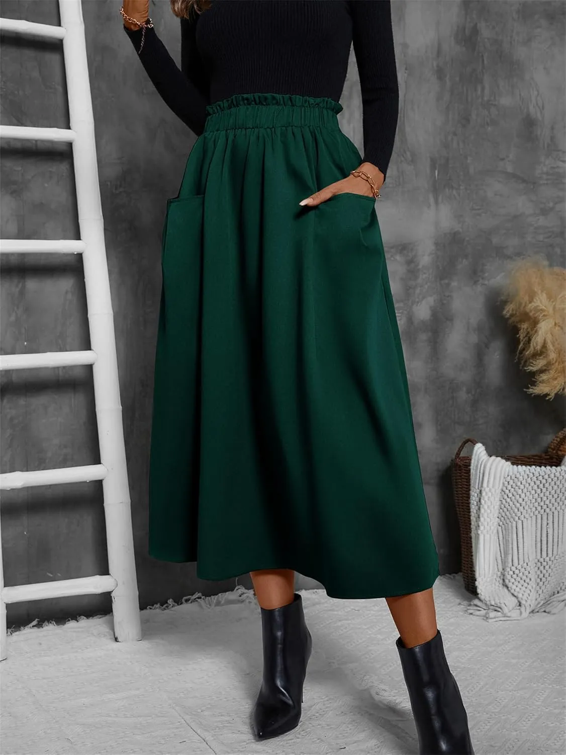 Summer Skirts for Women, Casual Skirts for Women, High Waist Pleated Skirt Midi A-Line Midi Skirt with Pockets