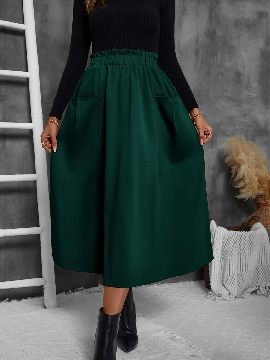 Summer Skirts for Women, Casual Skirts for Women, High Waist Pleated Skirt Midi A-Line Midi Skirt with Pockets