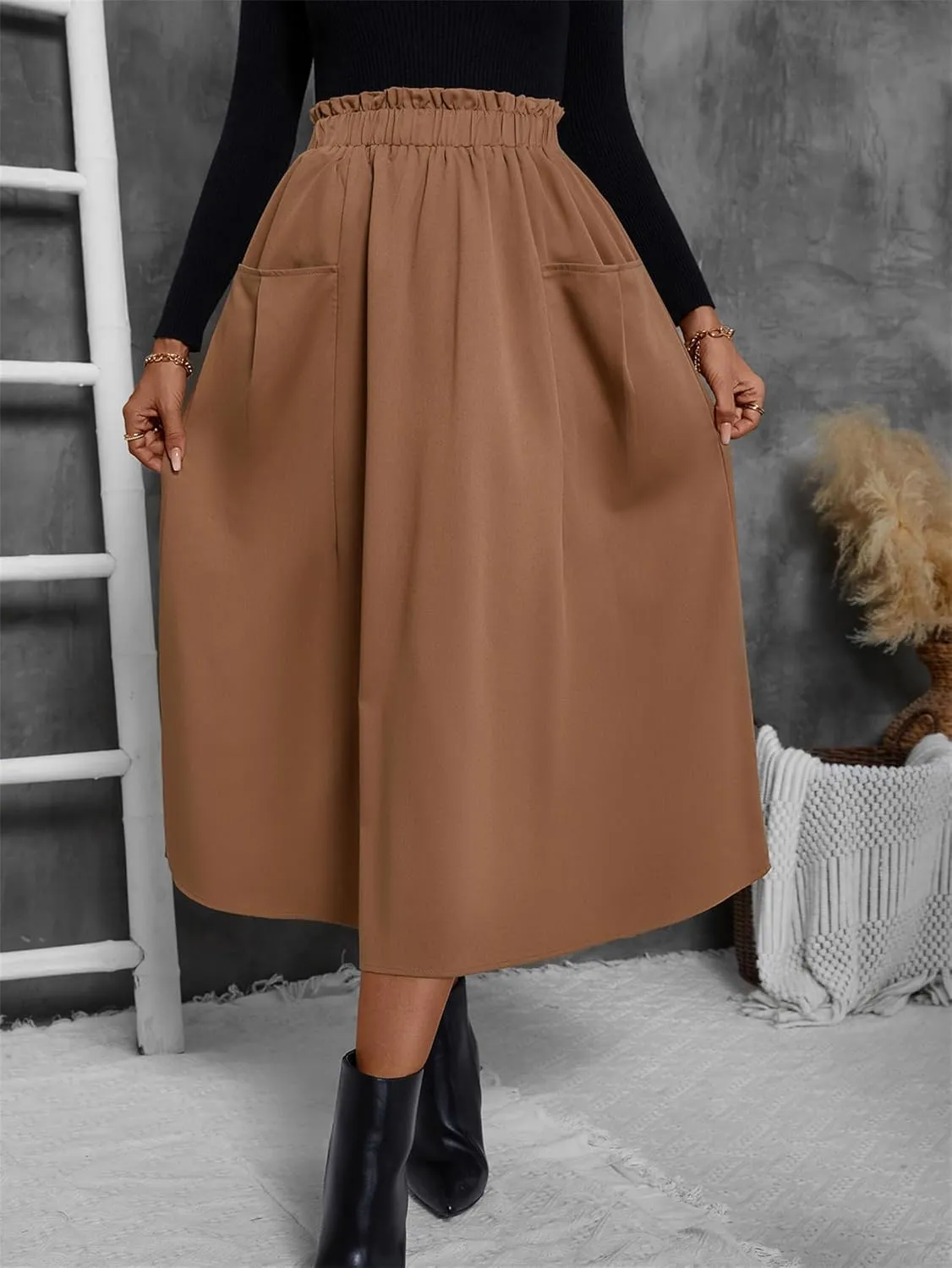 Summer Skirts for Women, Casual Skirts for Women, High Waist Pleated Skirt Midi A-Line Midi Skirt with Pockets