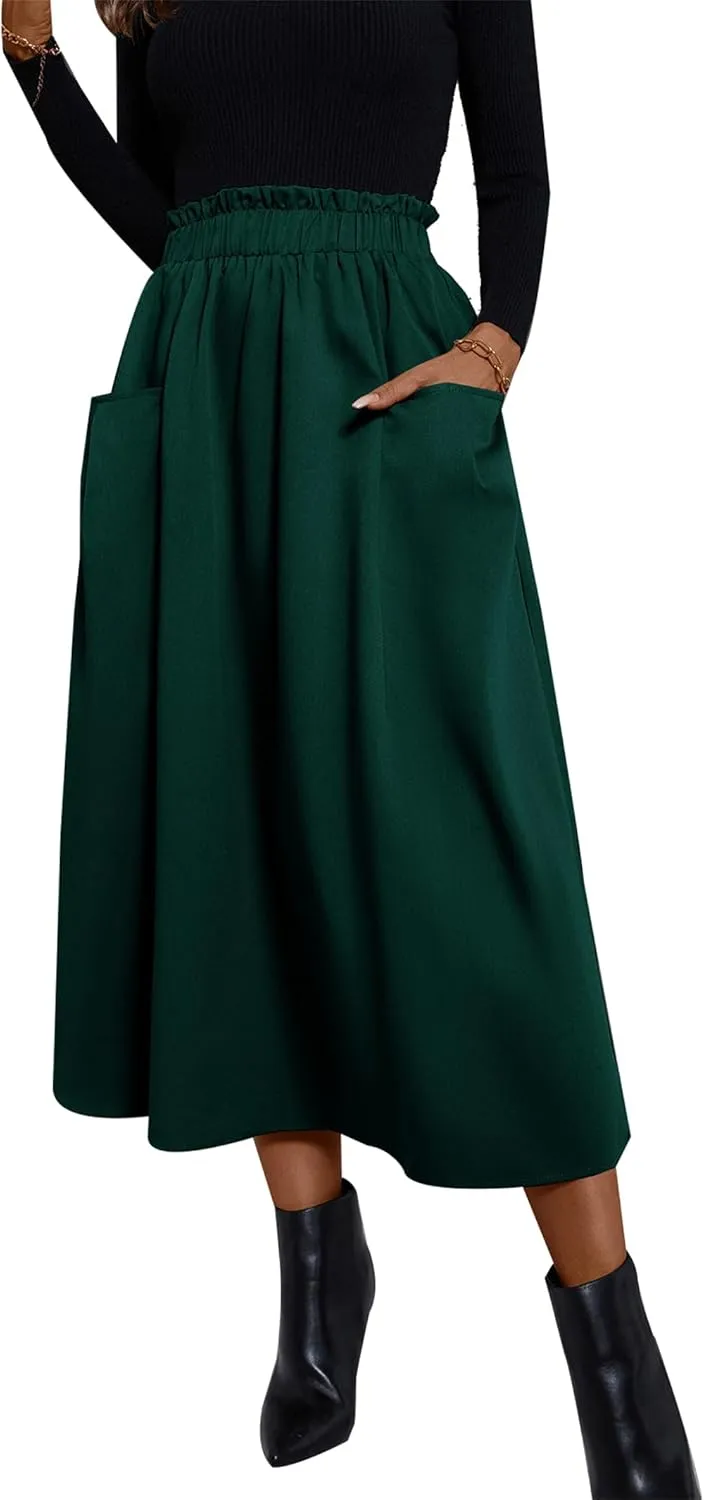Summer Skirts for Women, Casual Skirts for Women, High Waist Pleated Skirt Midi A-Line Midi Skirt with Pockets