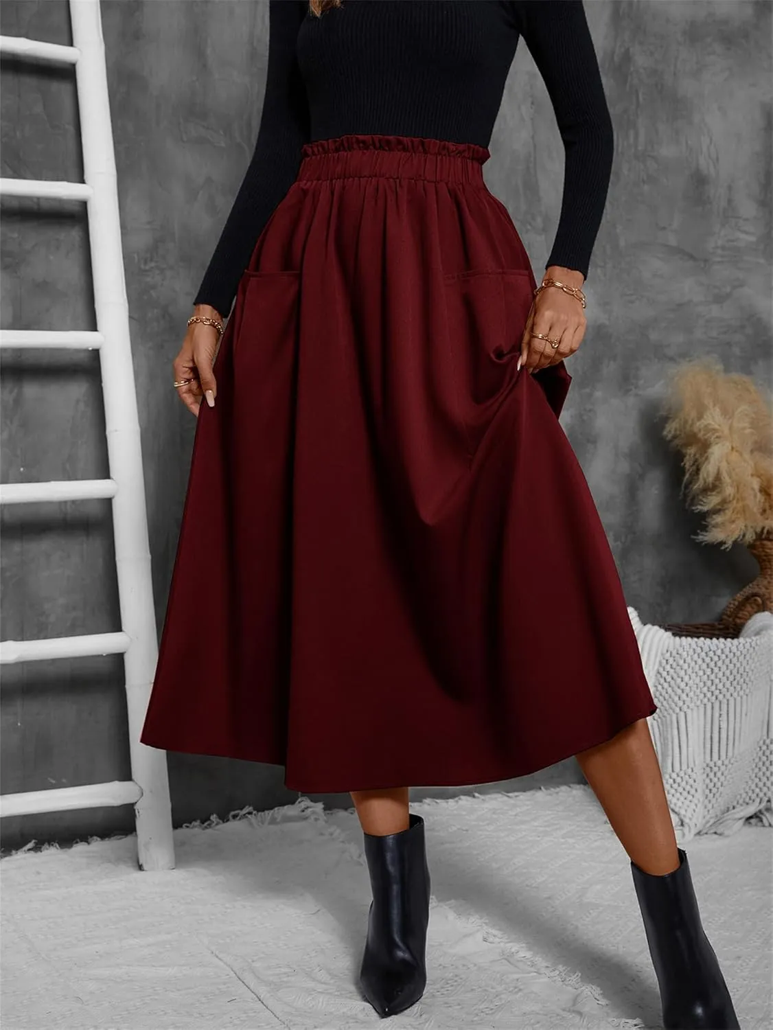 Summer Skirts for Women, Casual Skirts for Women, High Waist Pleated Skirt Midi A-Line Midi Skirt with Pockets