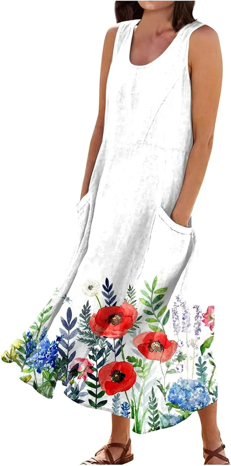 Sundresses for Women 2025 A-Line U Neck Boho Dress Floral Print Sleeveless Tank Dress Flowy Sundress with Pockets