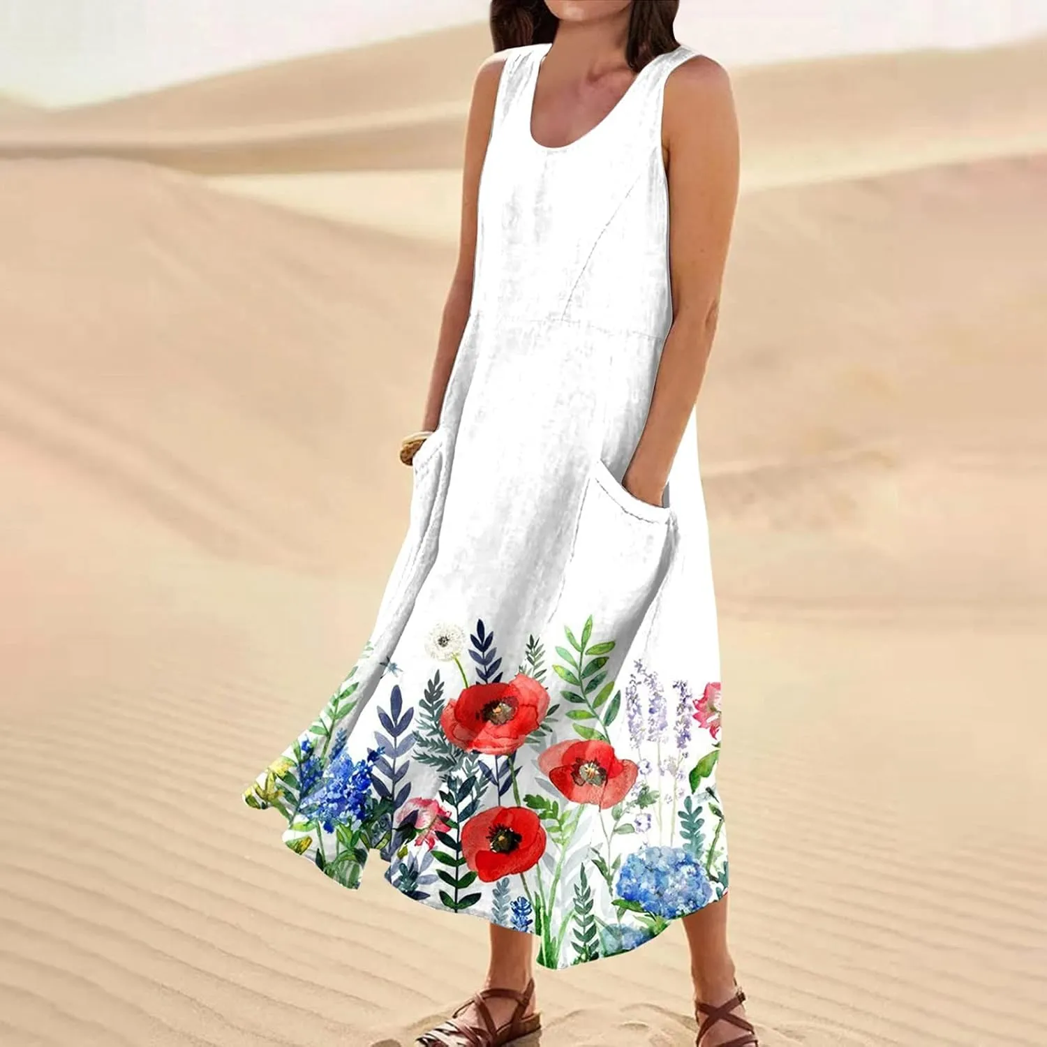 Sundresses for Women 2025 A-Line U Neck Boho Dress Floral Print Sleeveless Tank Dress Flowy Sundress with Pockets